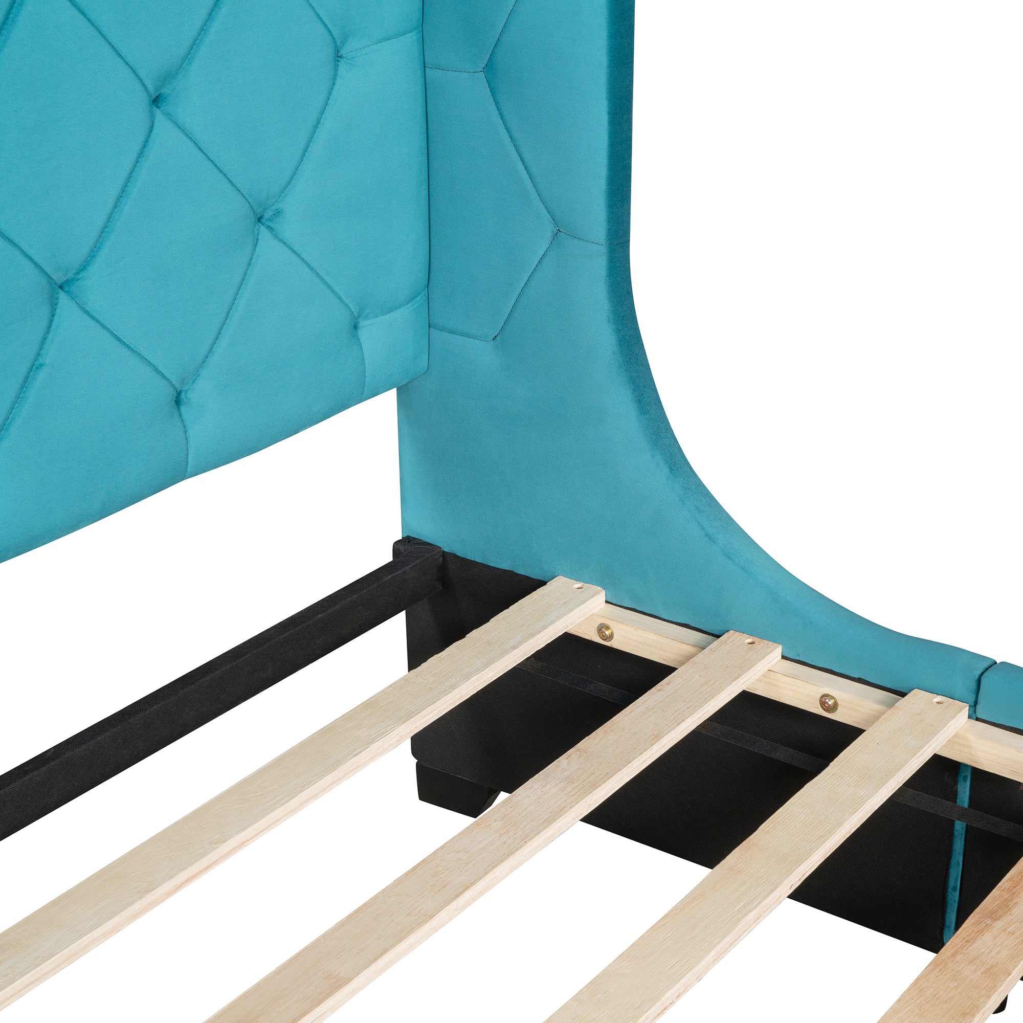 Queen Size Storage Bed Velvet Upholstered Platform Bed with Wingback Headboard and a Big Drawer (Blue) - Atlantic Fine Furniture Melbourne FL
