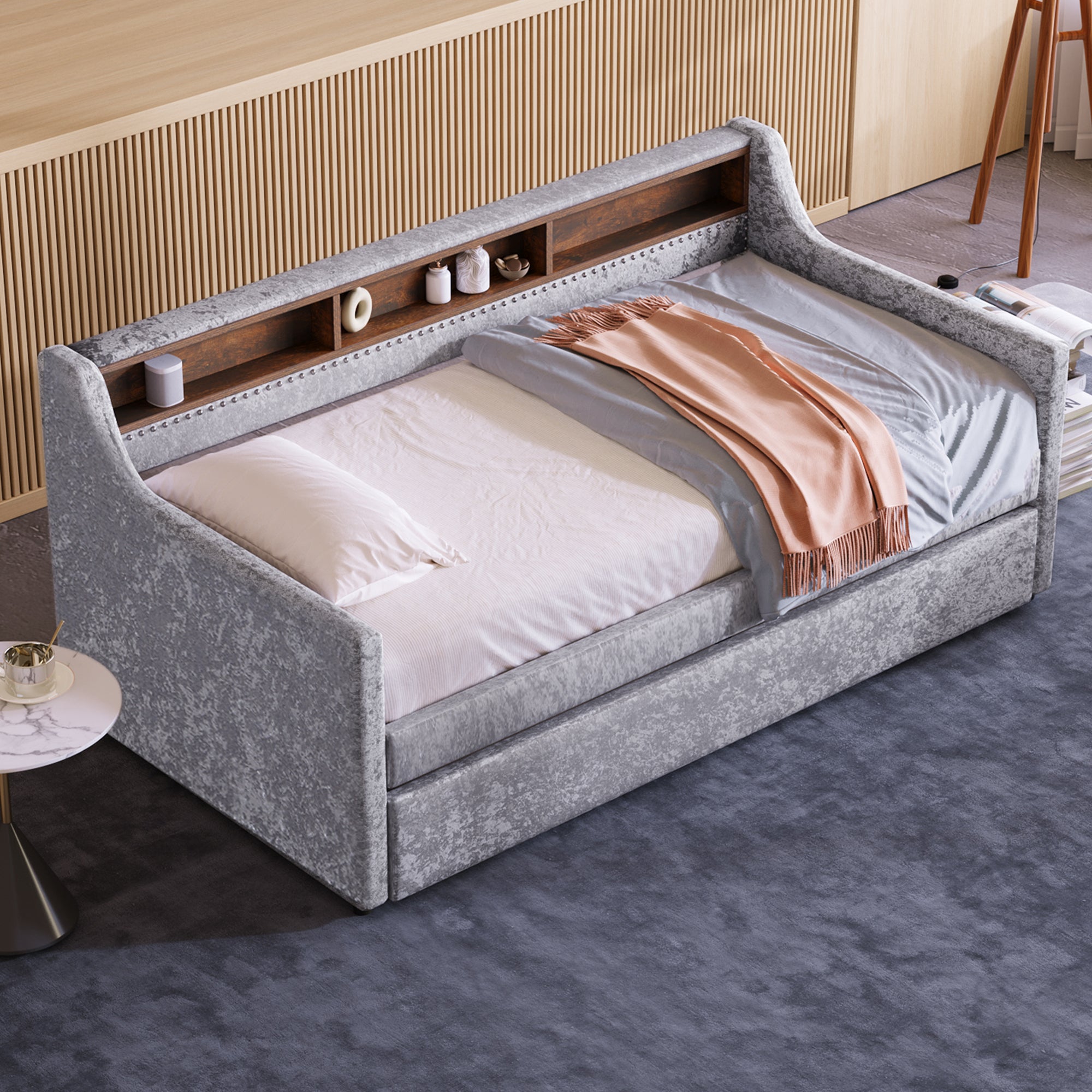 Twin Size Snowflake Velvet Daybed with Trundle and Built-in Storage Shelves,Gray - Atlantic Fine Furniture Melbourne FL