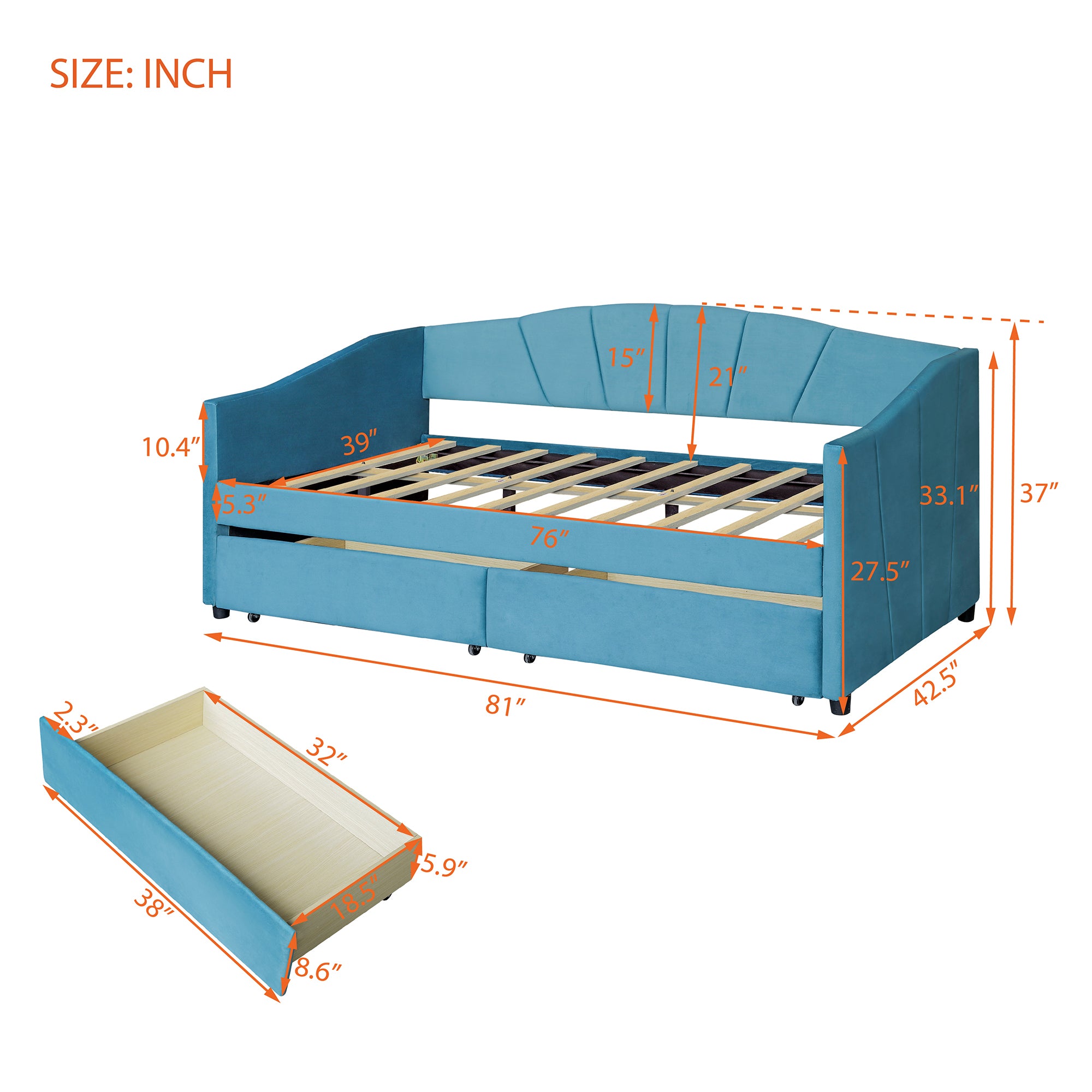 Upholstered daybed Twin Size with Two Drawers and Wood Slat ,Blue