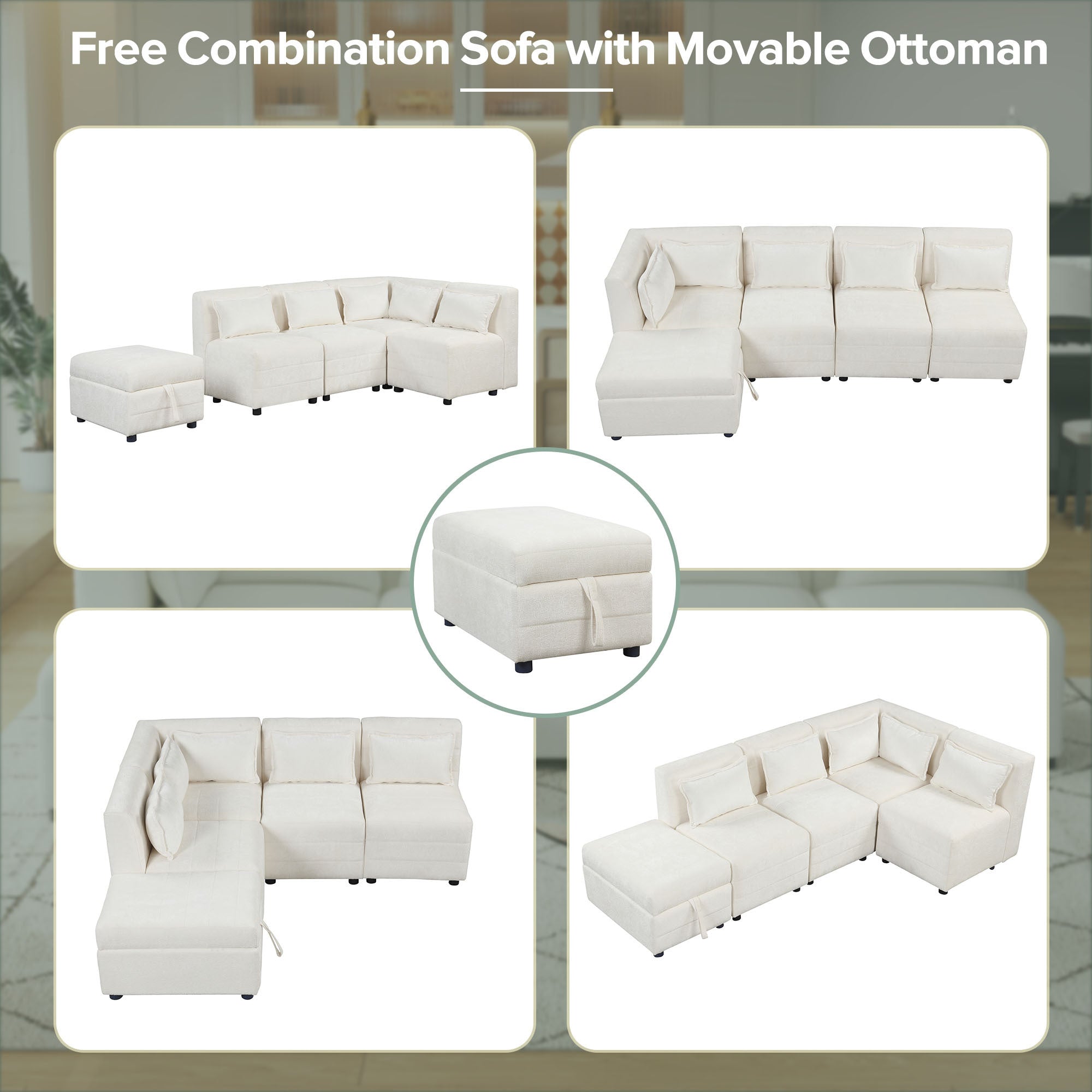 Free-Combined Sectional Sofa 5-seater Modular Couches with Storage Ottoman, 5 Pillows for Living Room, Bedroom, Office, Cream