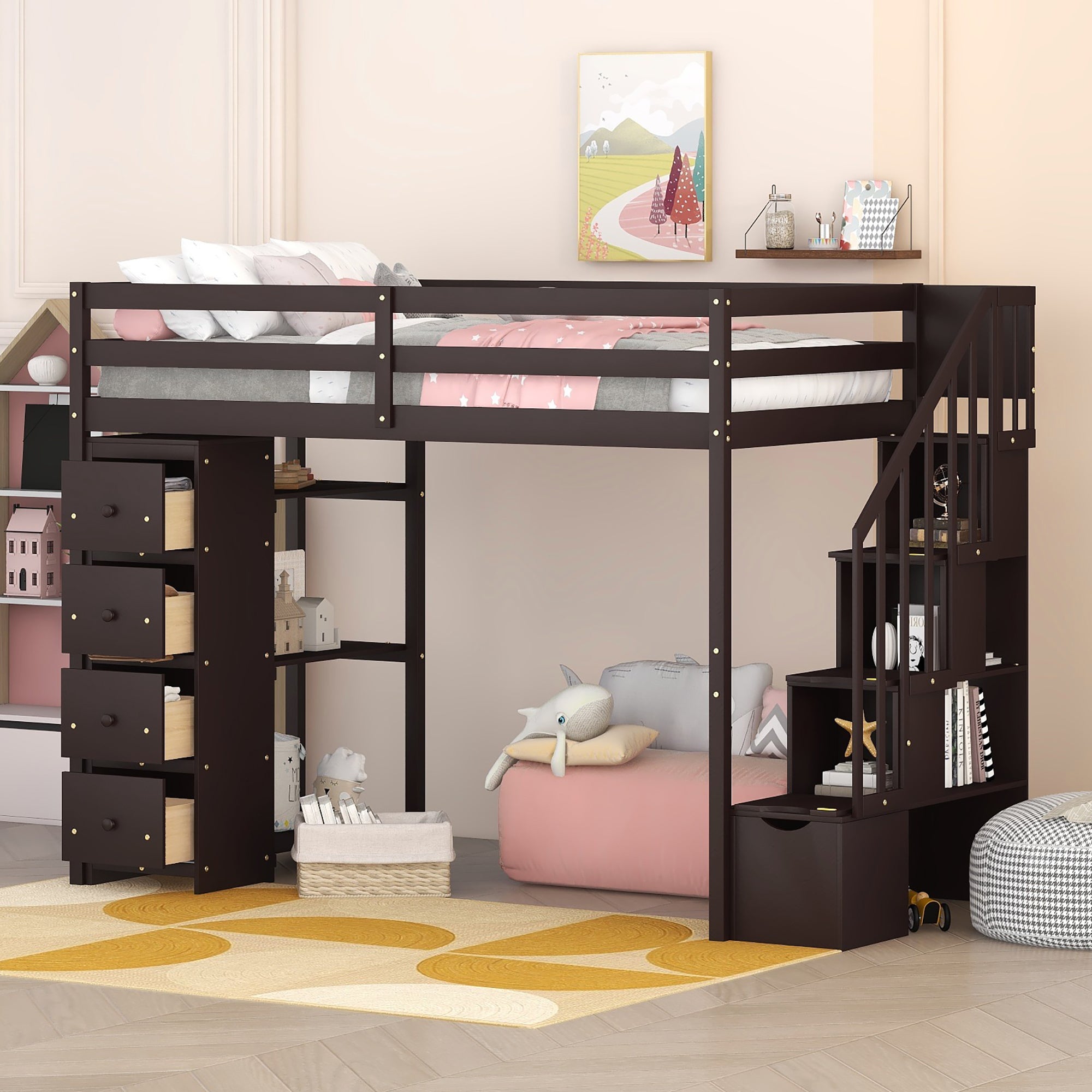 Twin size Loft Bed with Storage Drawers and Stairs, Wooden Loft Bed with Shelves - Espresso - Atlantic Fine Furniture Melbourne FL