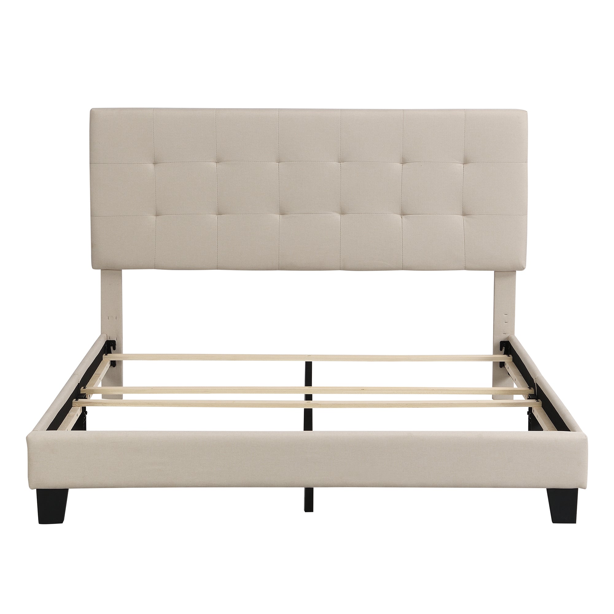 Upholstered Platform Bed with Tufted Headboard, Box Spring Needed, Beige Linen Fabric, Queen Size - Atlantic Fine Furniture Melbourne FL
