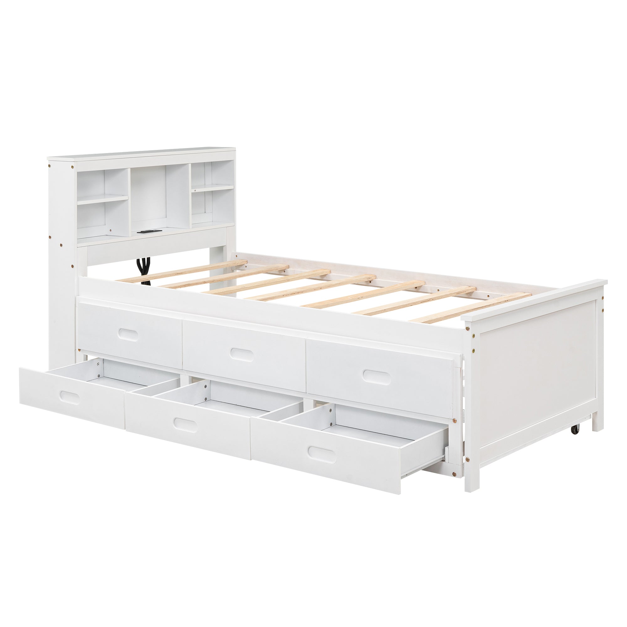 Twin Size Platform Bed with Storage Headboard, USB, Twin Size Trundle and 3 Drawers, White - Atlantic Fine Furniture Melbourne FL