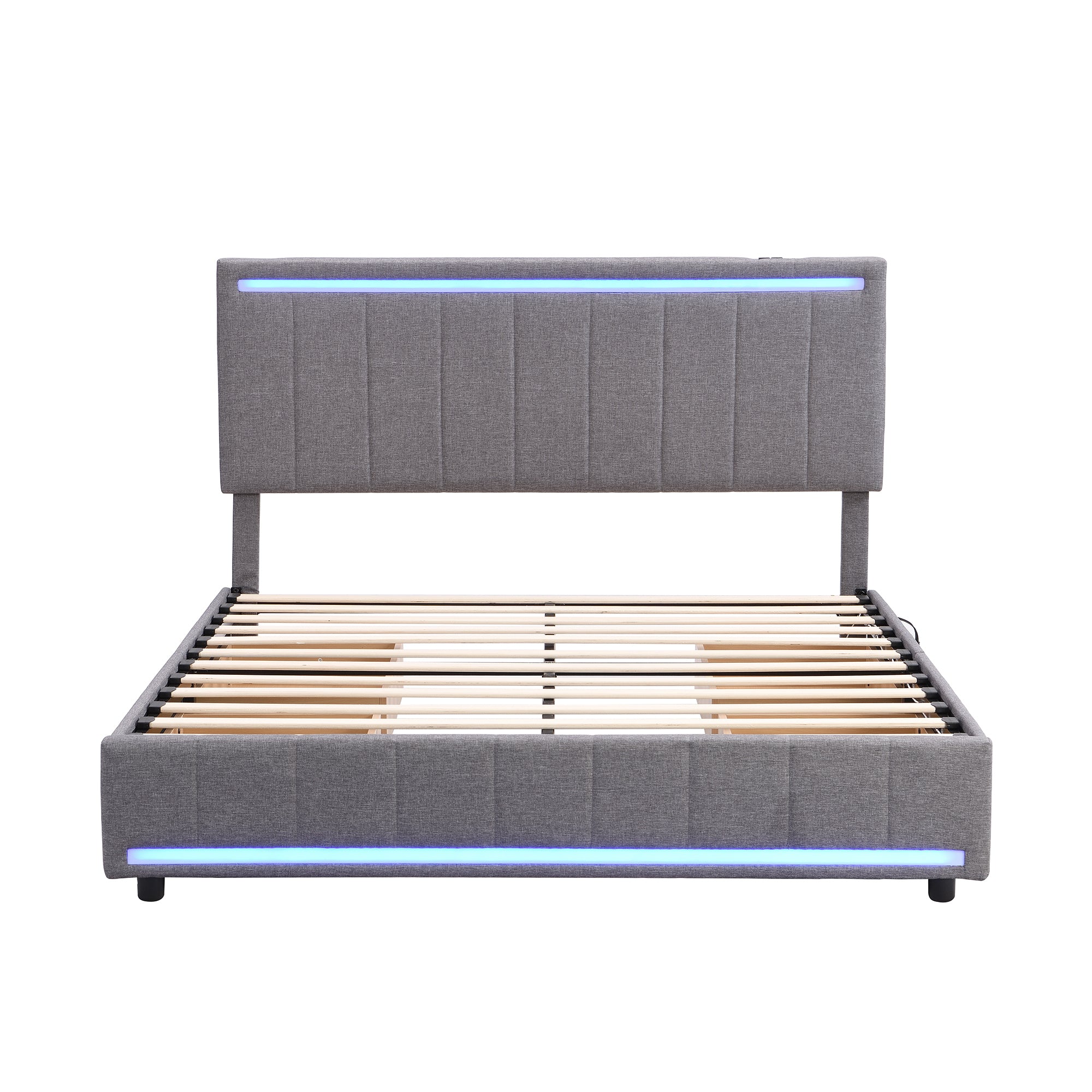 Queen Size Upholstered Bed with LED Light and 4 Drawers, Modern Platform Bed with a set of Sockets and USB Ports, Linen Fabric, Beige - Atlantic Fine Furniture Melbourne FL
