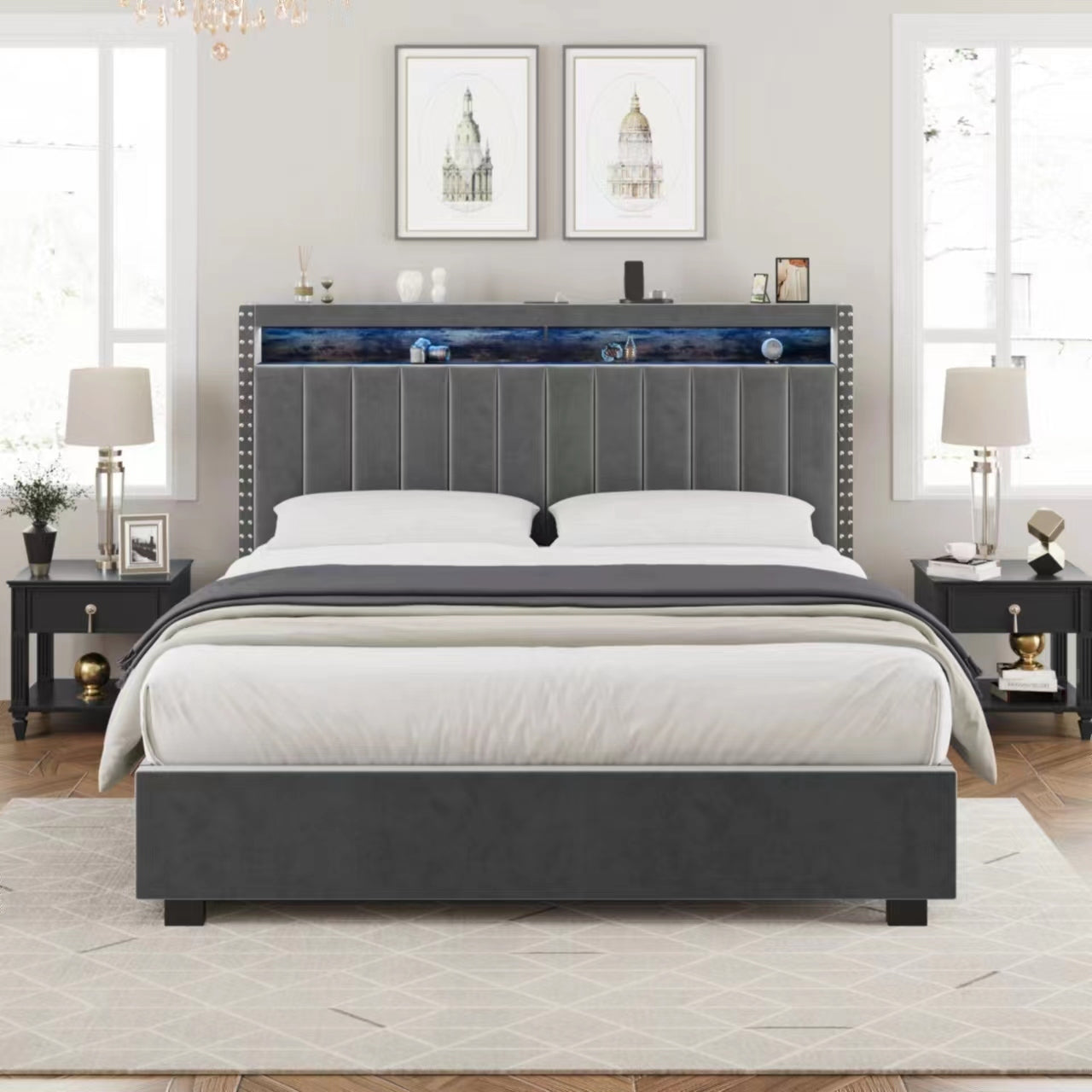Luxury Gas Lift Storage Bed with RF LED Lights, Storage Headboard ,QUEEN Size ,Velvet Grey - Atlantic Fine Furniture Melbourne FL
