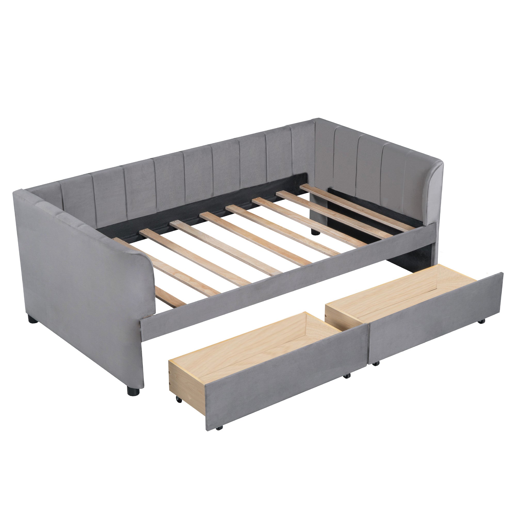 Twin Size Upholstered Daybed with Ergonomic Design Backrest and 2 Drawers, Gray - Atlantic Fine Furniture Melbourne FL