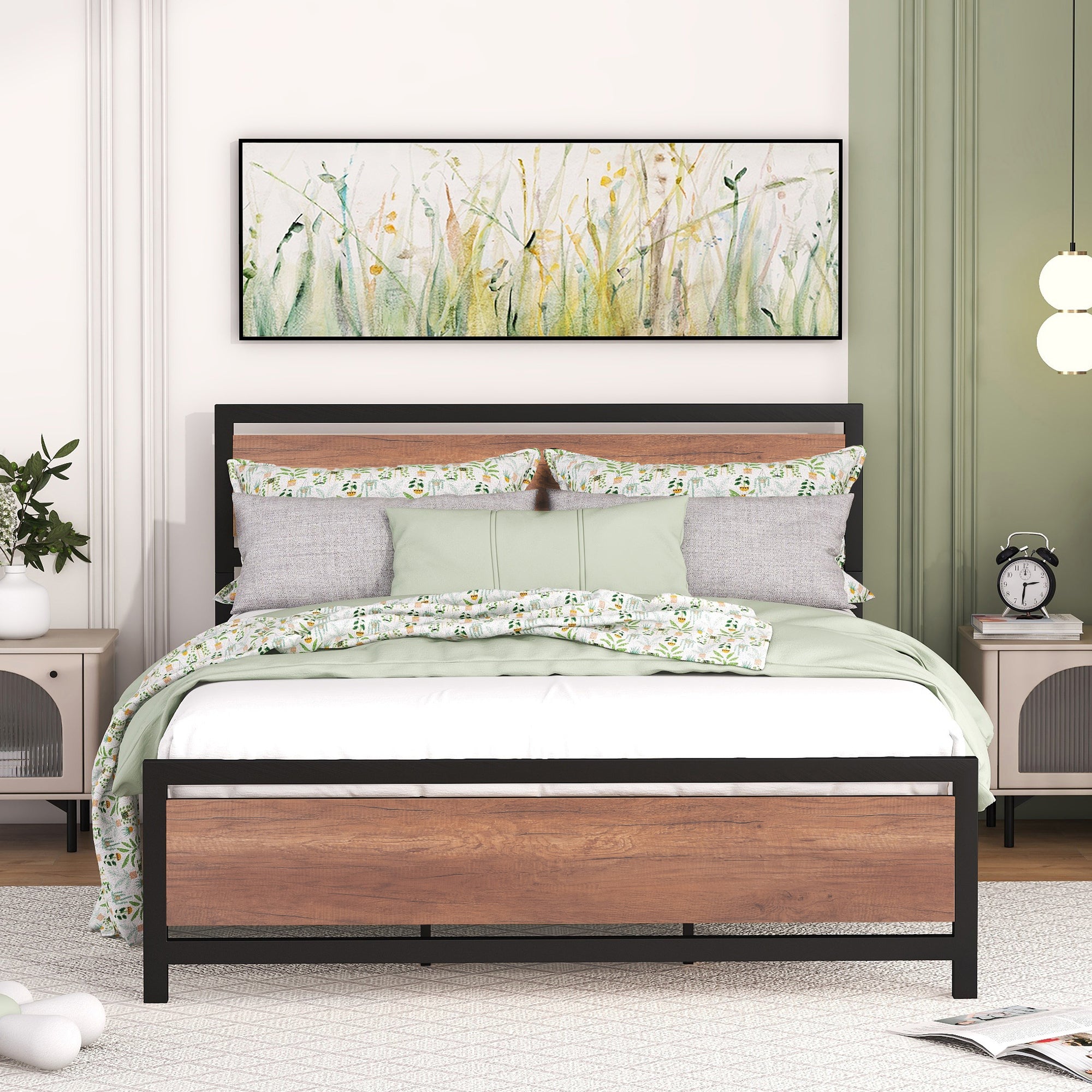 Queen Size Platform Bed, Metal and Wood Bed Frame with Headboard and Footboard , Black - Atlantic Fine Furniture Melbourne FL