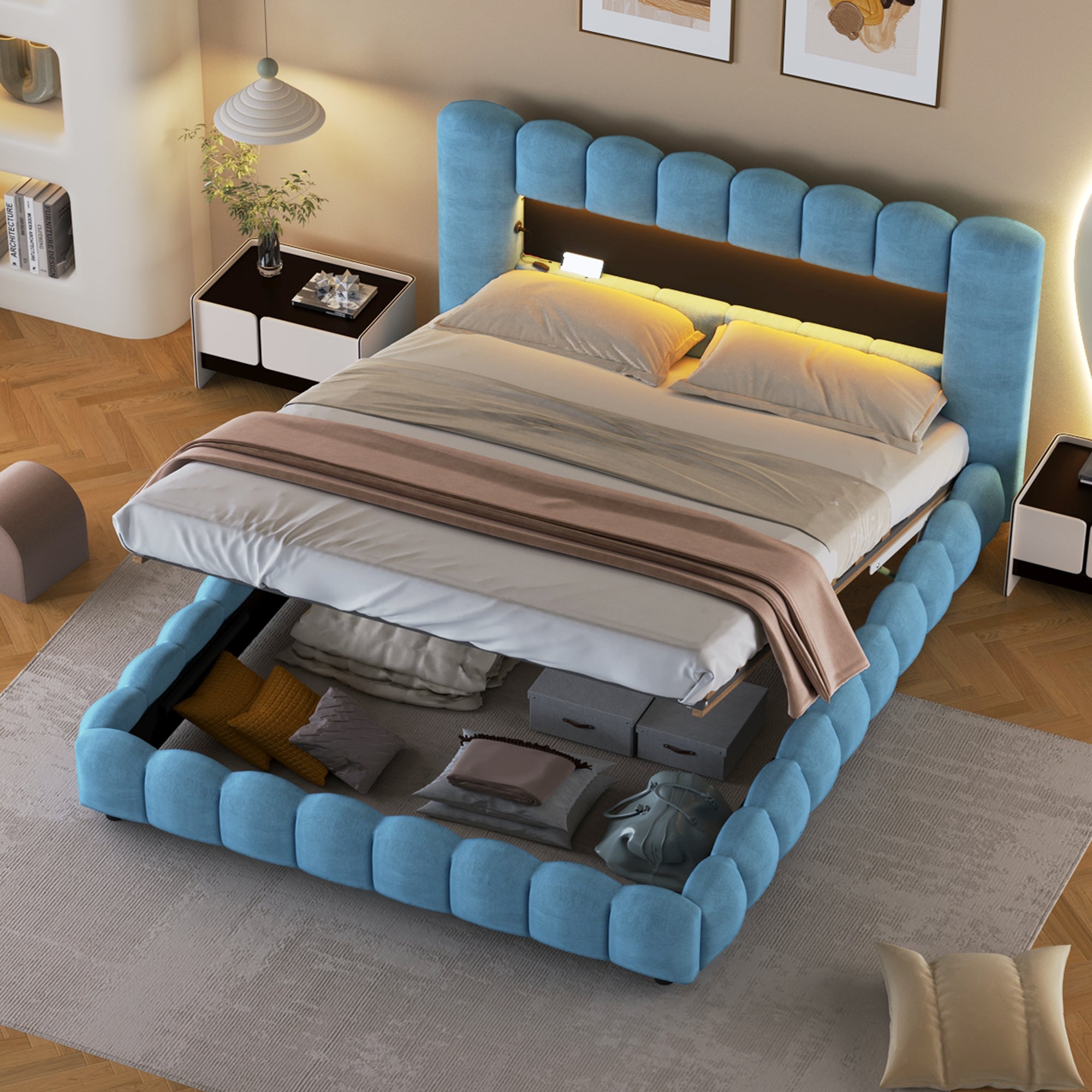 Queen Size Upholstered Platform Bed with LED Headboard and USB, Blue - Atlantic Fine Furniture Melbourne FL