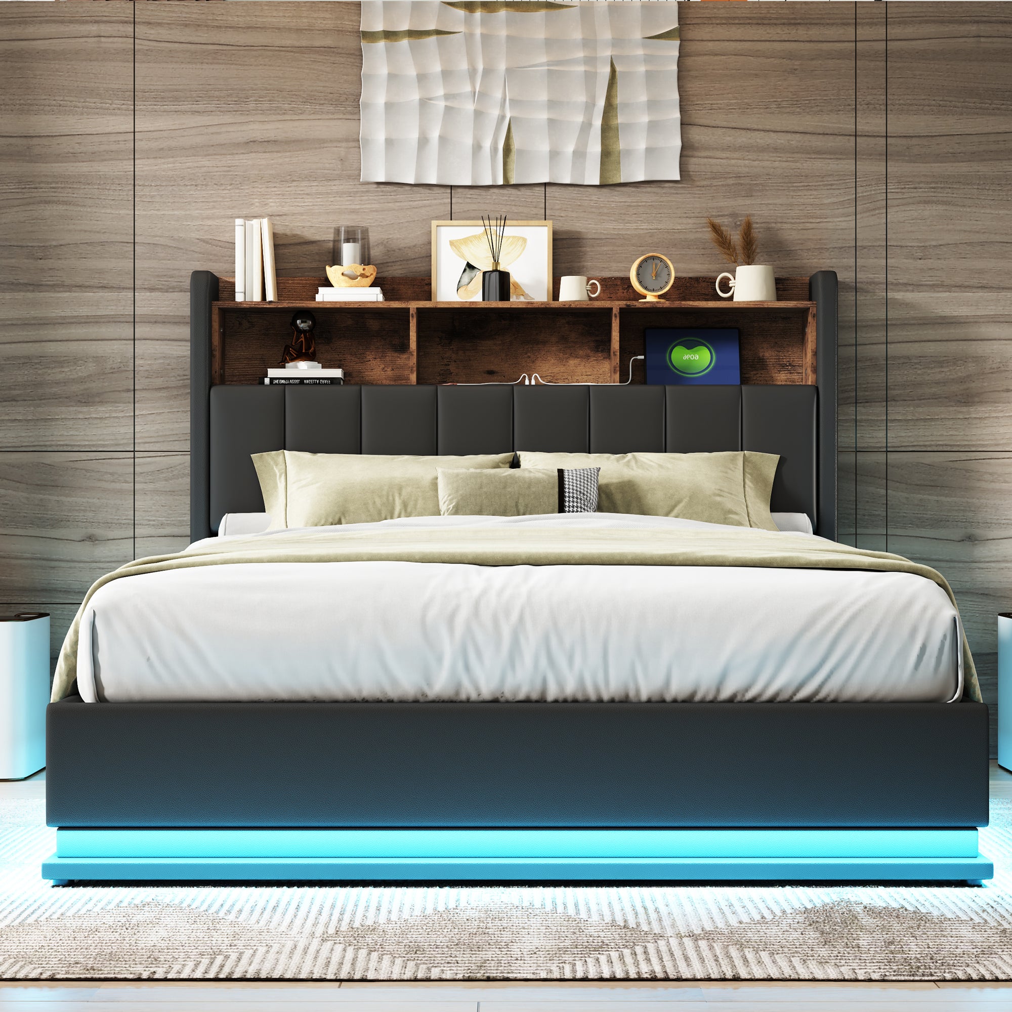 Queen Size Upholstered Platform Bed with Storage Headboard and Hydraulic Storage System, PU Storage Bed with LED Lights and USB charger, Black - Atlantic Fine Furniture Melbourne FL