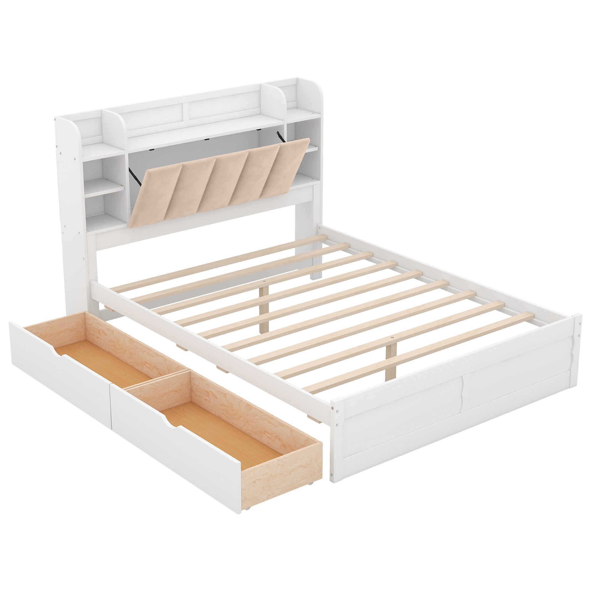 Wood Queen Size Platform Bed with Storage Headboard, Shelves and 2 Drawers, White - Atlantic Fine Furniture Melbourne FL