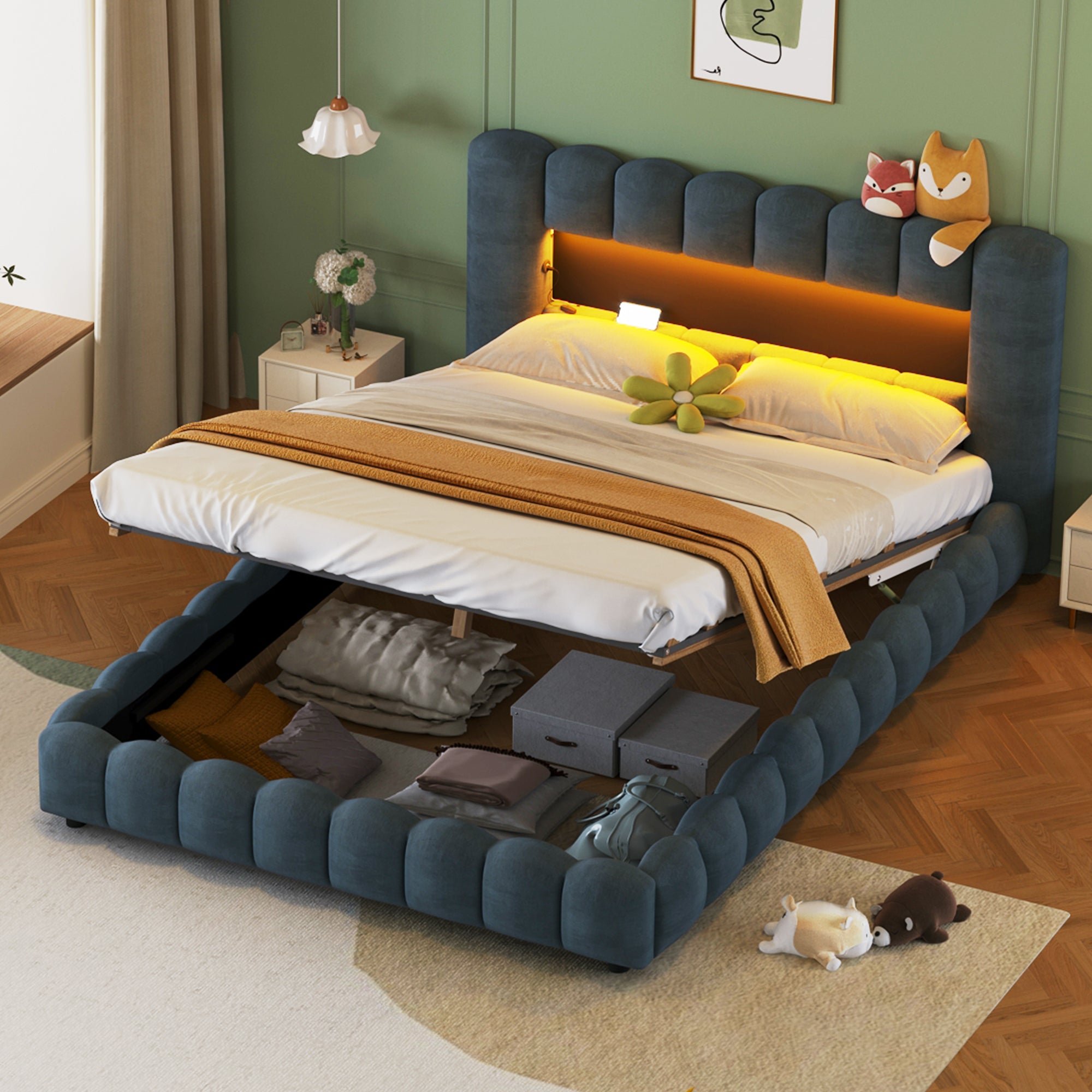 Queen Size Upholstered Platform Bed with LED Headboard and USB, Deep Blue - Atlantic Fine Furniture Melbourne FL