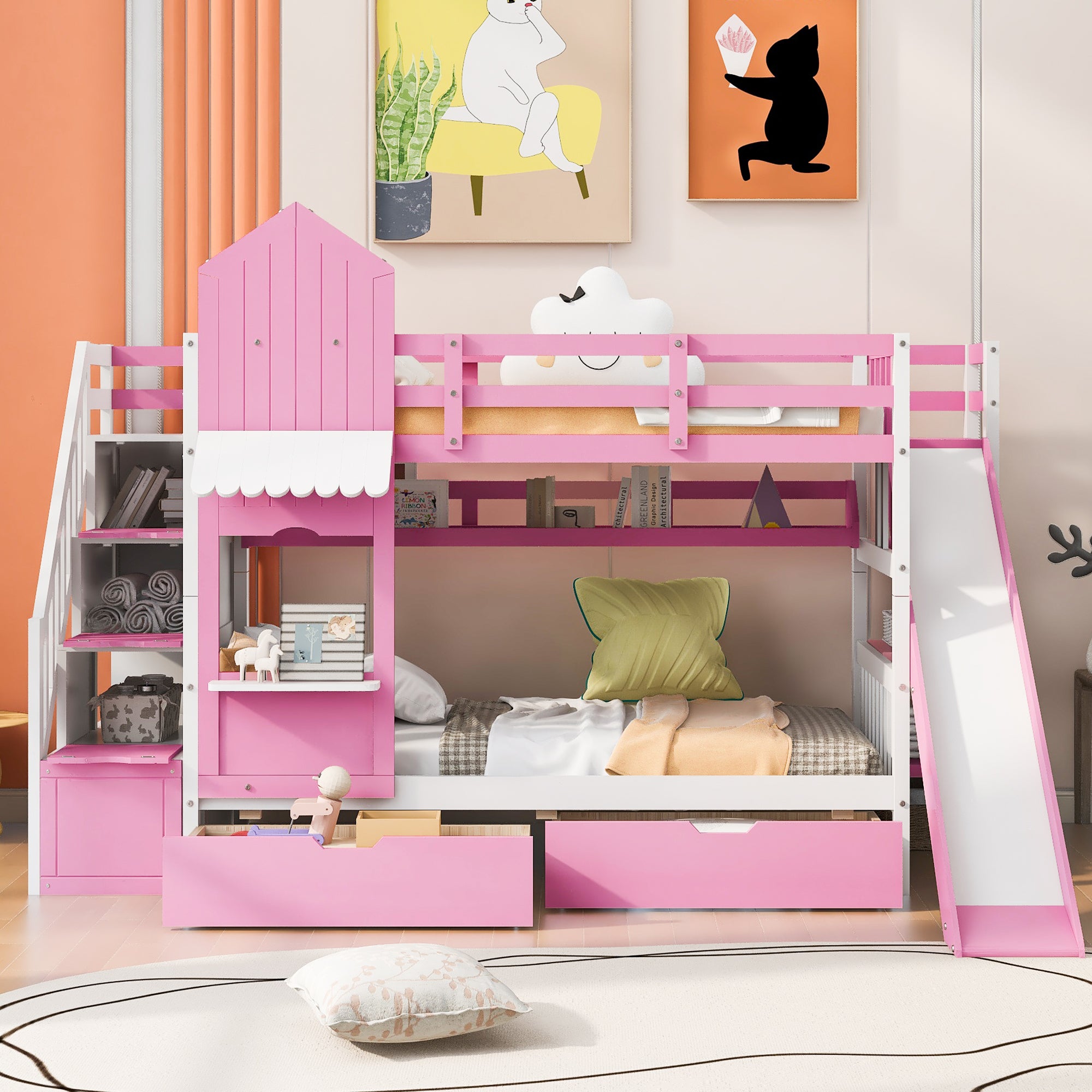 Twin-Over-Twin Castle Style Bunk Bed with 2 Drawers 3 Shelves and Slide - Pink - Atlantic Fine Furniture Melbourne FL