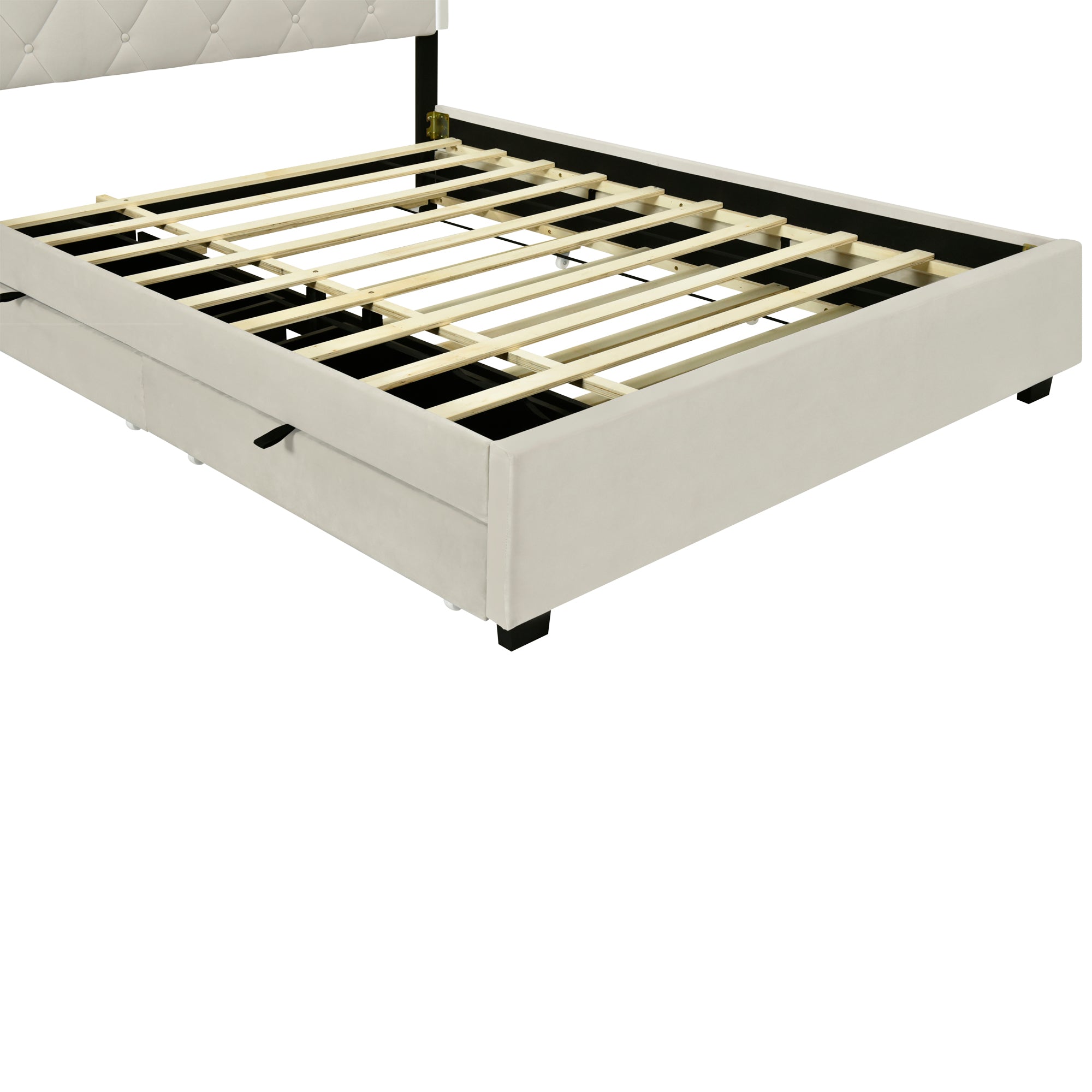 Queen Size Velvet Storage Platform Bed, with 2 Big Drawers, Twin XL Size Trundle and LED Light, Beige - Atlantic Fine Furniture Melbourne FL