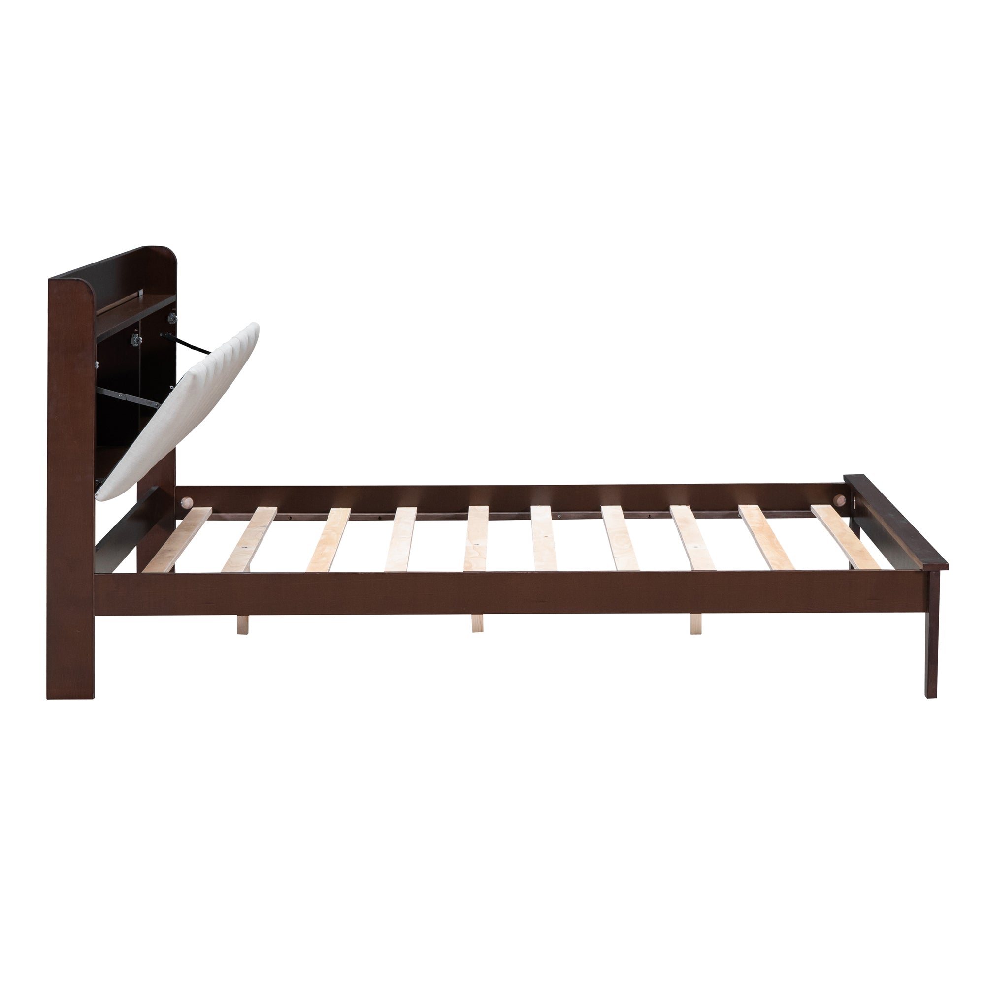 Full size Platform Bed with USB Charging Station and Storage Upholstered Headboard,LED Bed Frame,No Box Spring Needed,Walnut+Beige - Atlantic Fine Furniture Melbourne FL