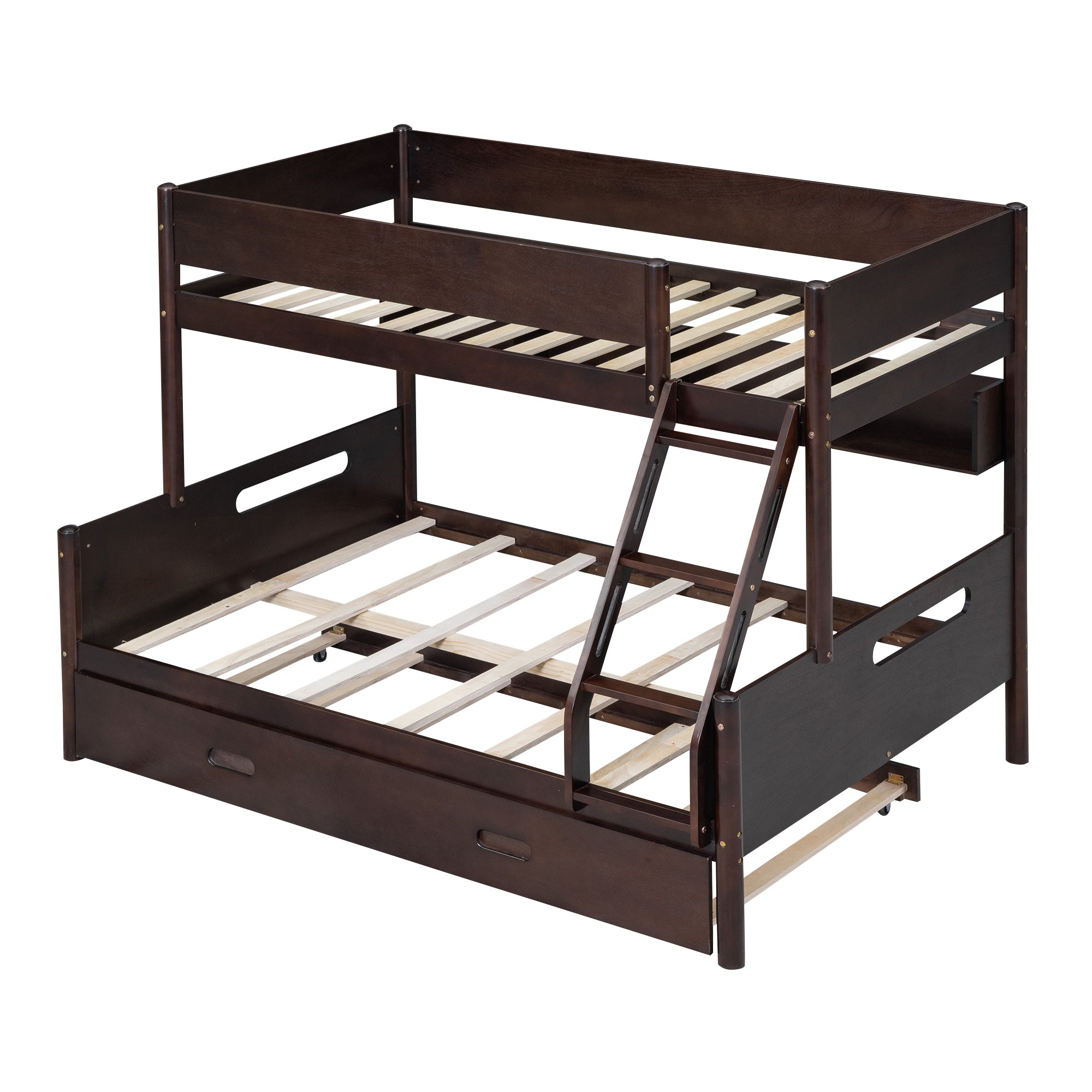 Wood Twin over Full Bunk Bed with Storage Shelves and Twin Size Trundle, Espresso - Atlantic Fine Furniture Melbourne FL