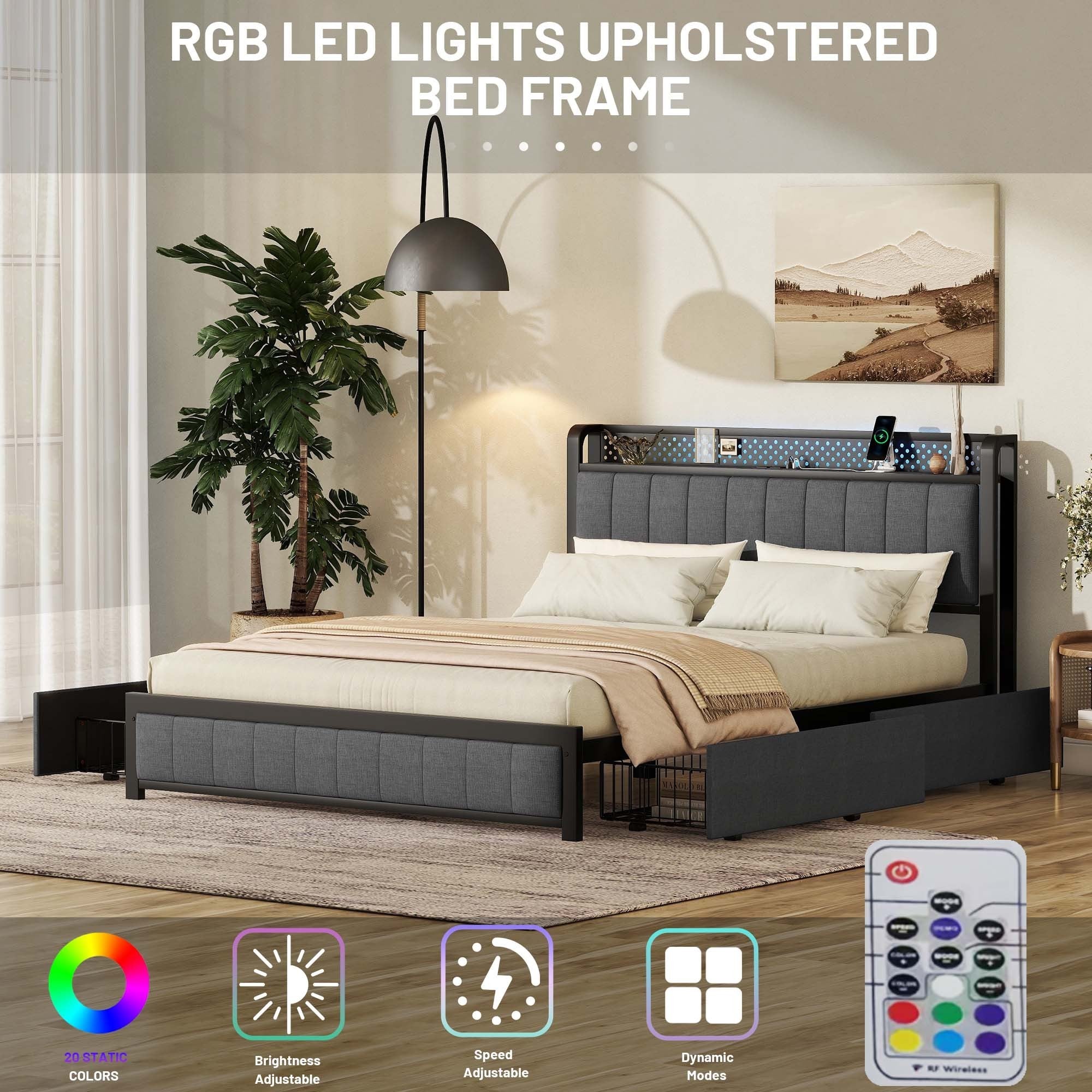 Queen Bed Frame with LED Headboard, Upholstered Bed with 4 Storage Drawers and USB Ports, Dark Grey - Atlantic Fine Furniture Melbourne FL