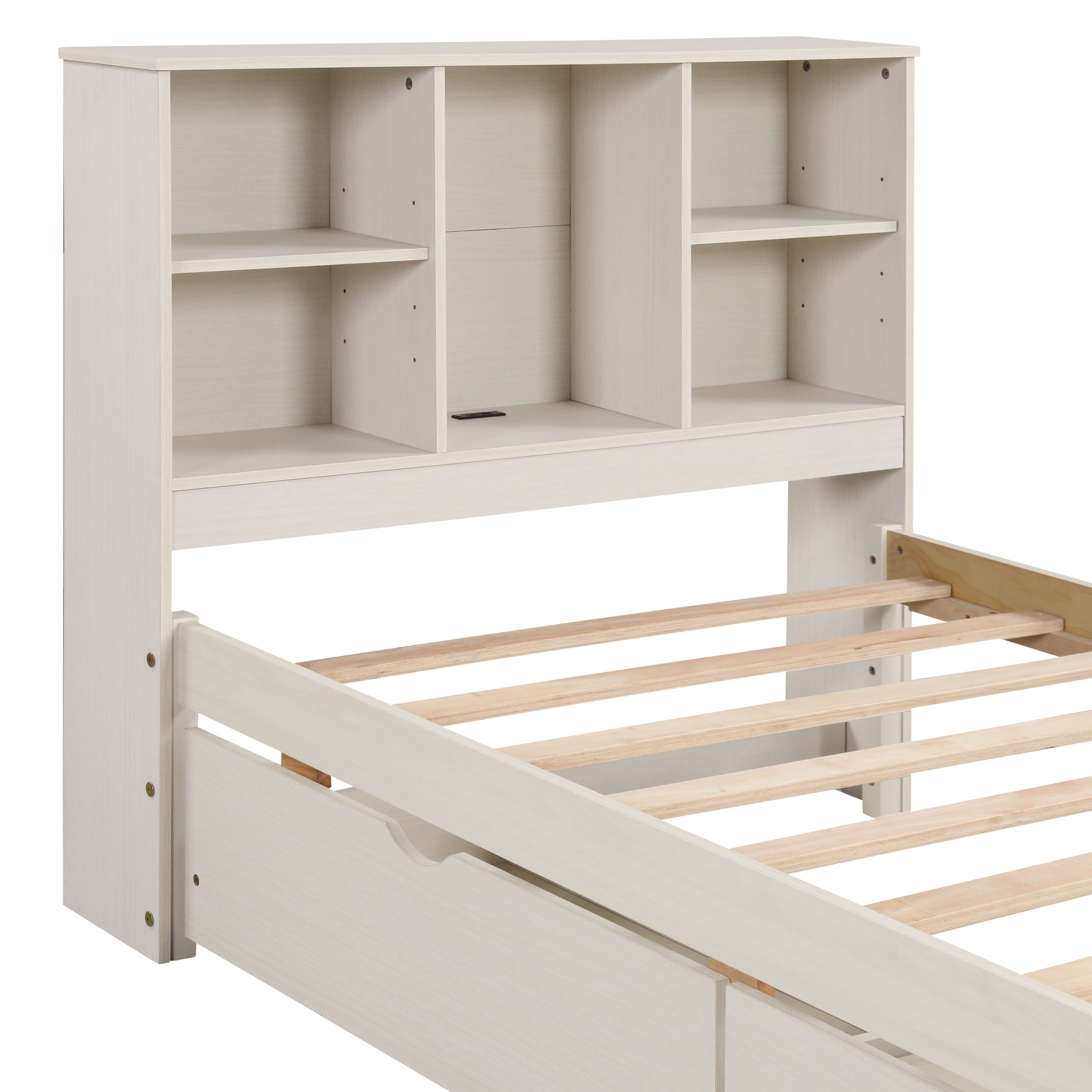 Modern Twin Size Bed Frame With Built-in USB Port on Bookcase Headboard and 2 Drawers for White Washed Color - Atlantic Fine Furniture Melbourne FL