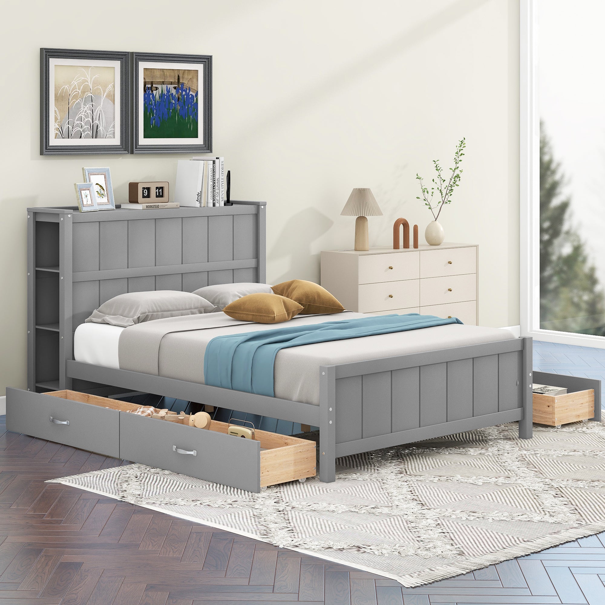 Full Size Platform Bed with Drawers and Storage Shelves, Gray - Atlantic Fine Furniture Melbourne FL