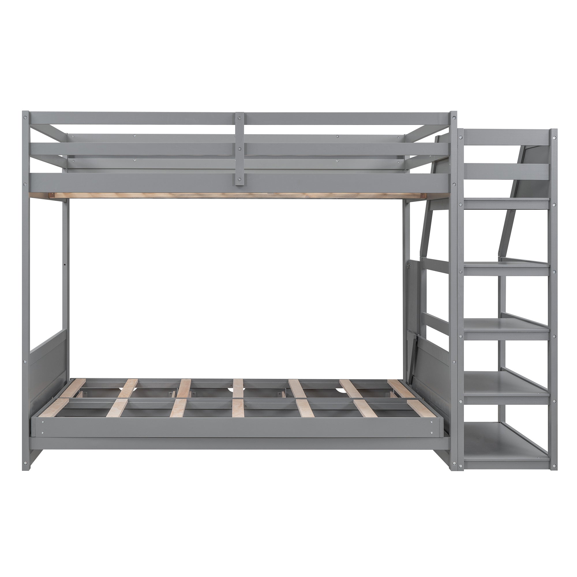 Wood Full Size Convertible Bunk Bed with Storage Staircase, Bedside Table, and 3 Drawers, Gray - Atlantic Fine Furniture Melbourne FL