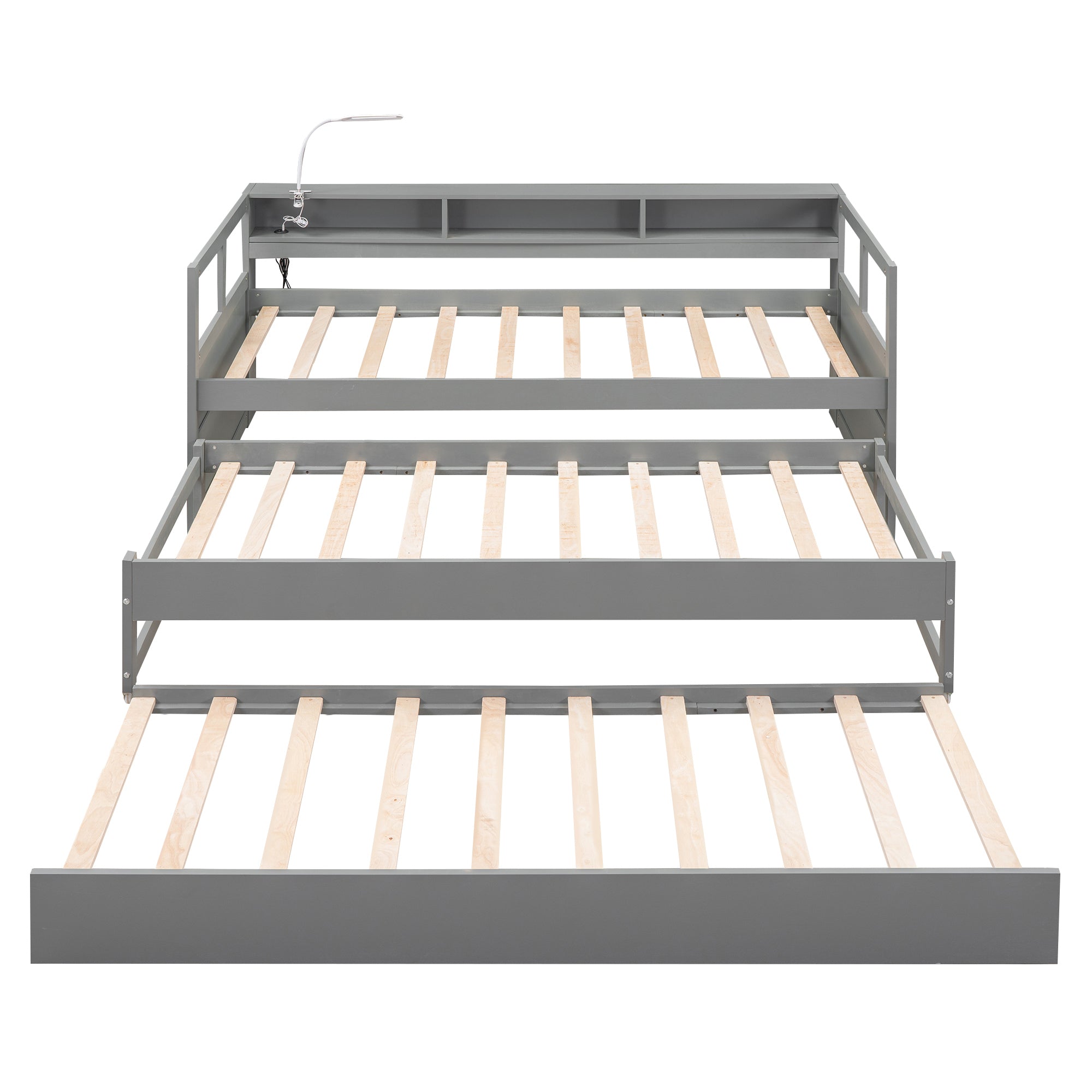 Twin XL Wood Daybed with 2 Trundles, 3 Storage Cubbies, 1 Light for Free and USB Charging Design, Gray - Atlantic Fine Furniture Melbourne FL