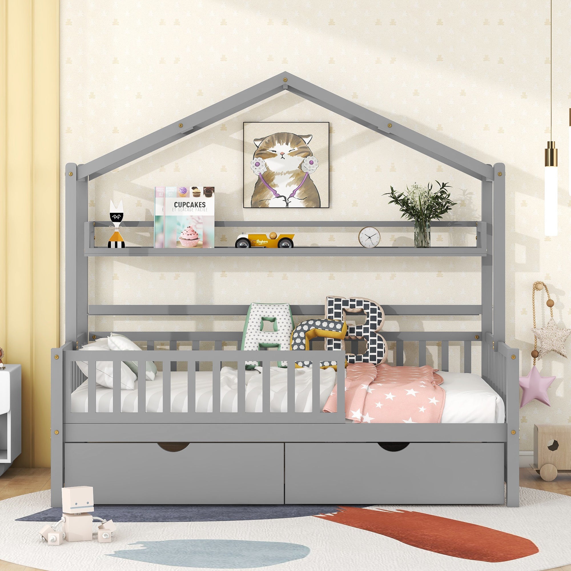 Wooden Twin Size House Bed with 2 Drawers,Kids Bed with Storage Shelf, Gray - Atlantic Fine Furniture Melbourne FL
