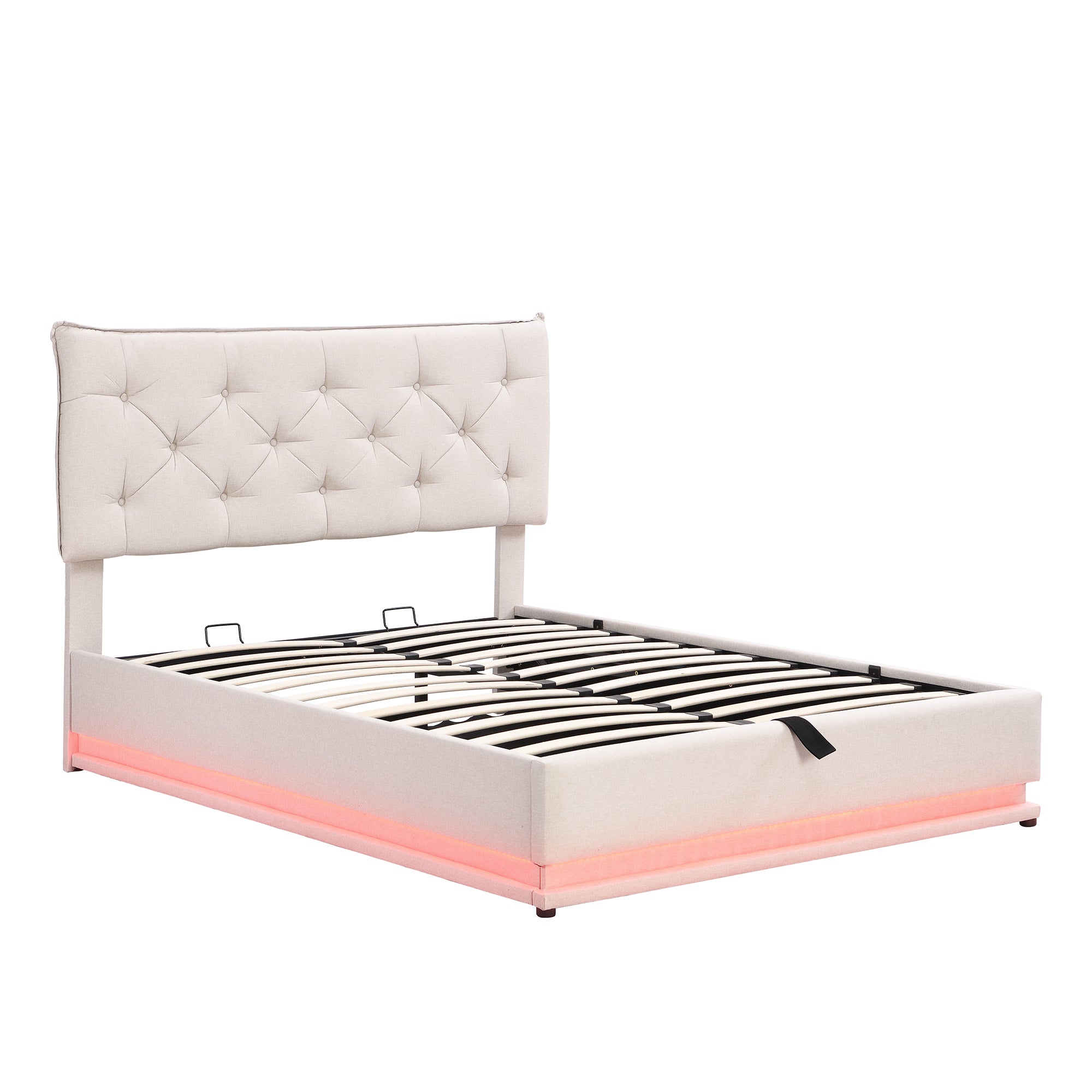 Full Size Upholstered Bed with Hydraulic Storage System and LED Light, Modern Platform Bed with Button-tufted Design Headboard, Beige - Atlantic Fine Furniture Melbourne FL