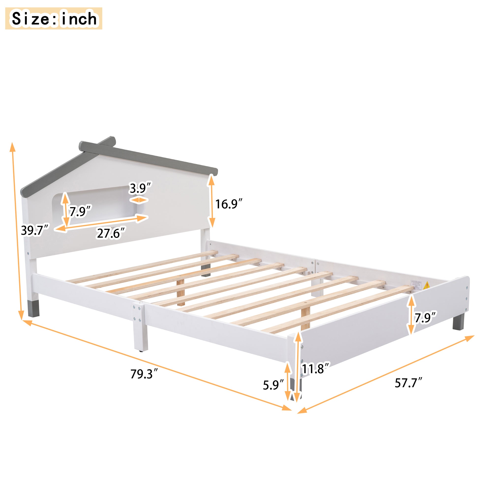Full Size Wood Platform Bed with House-shaped Headboard and Motion Activated Night Lights (White+Gray)