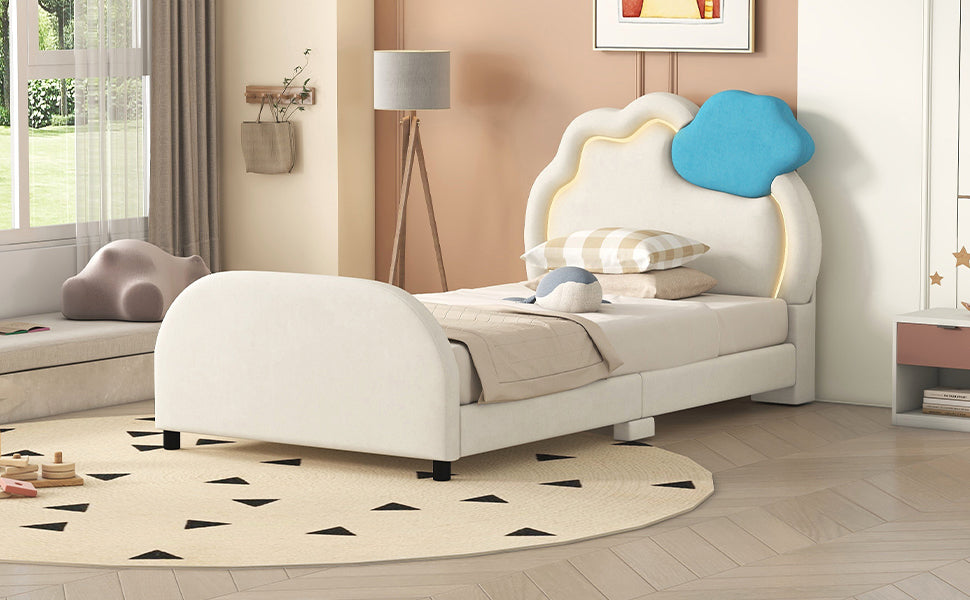 Twin Size Upholstered Platform Bed with Cloud-Shaped Headboard and Embedded Light Stripe, Velvet, Beige - Atlantic Fine Furniture Melbourne FL