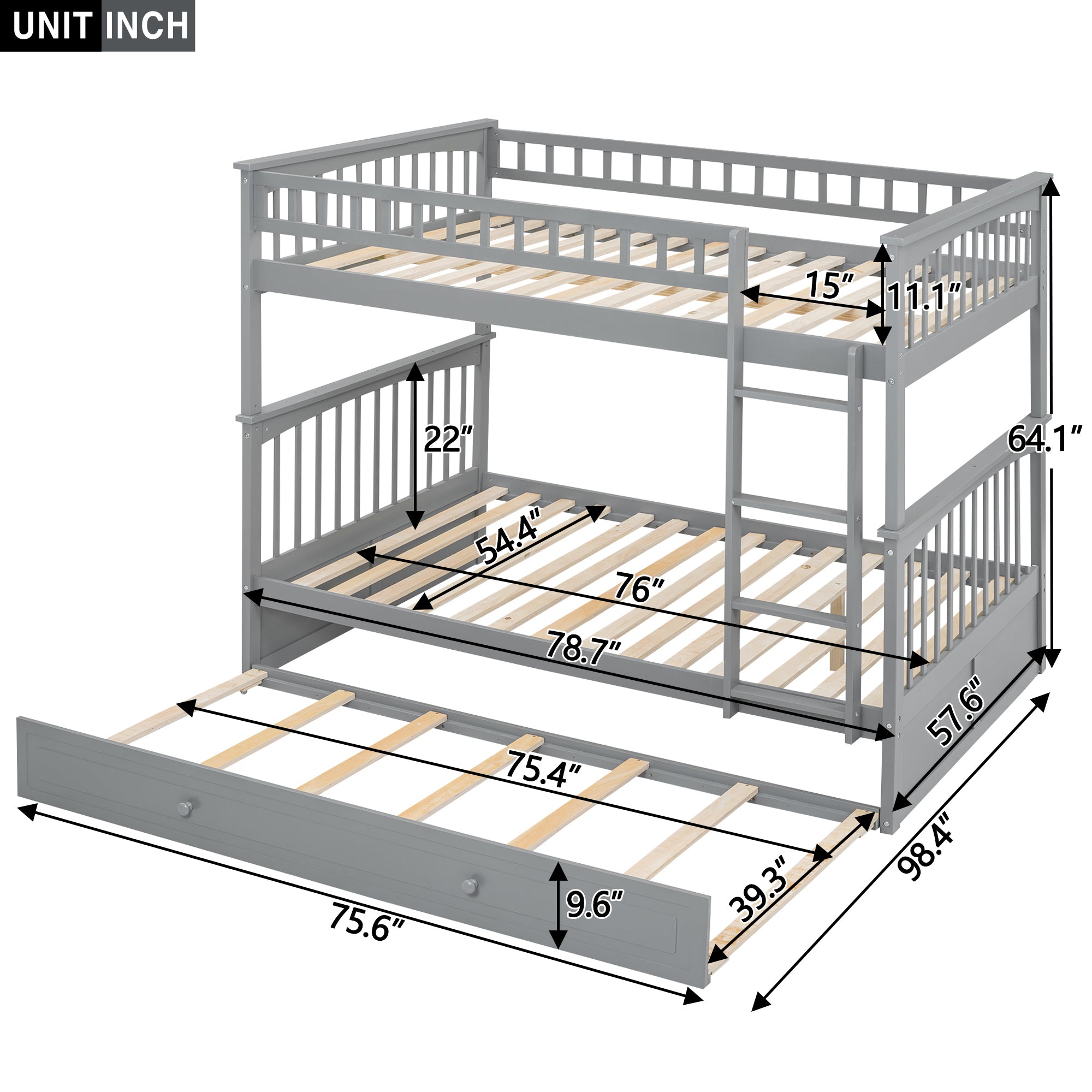 Full over Full Bunk Bed with Twin Size Trundle, Convertible Beds, Gray - Atlantic Fine Furniture Melbourne FL