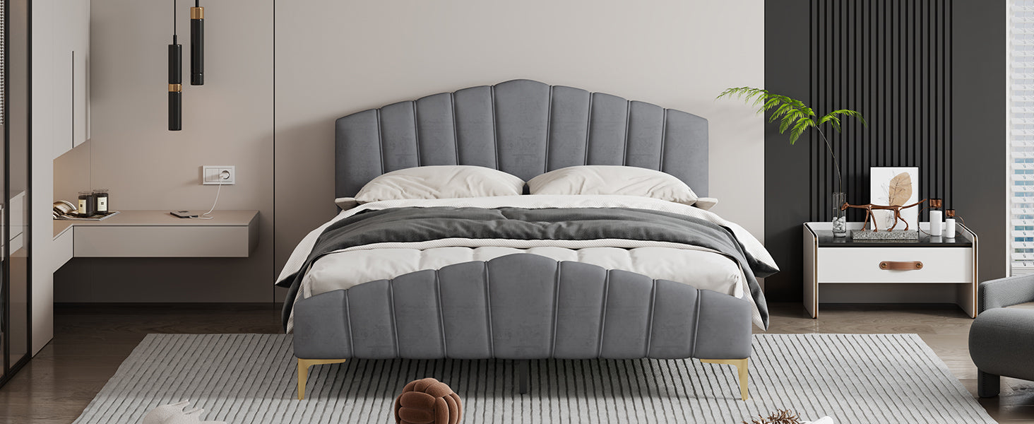 Queen Size Velvet Platform Bed with Thick Fabric, Stylish Stripe Decorated Bedboard and Elegant Metal Bed Leg, Gray - Atlantic Fine Furniture Melbourne FL