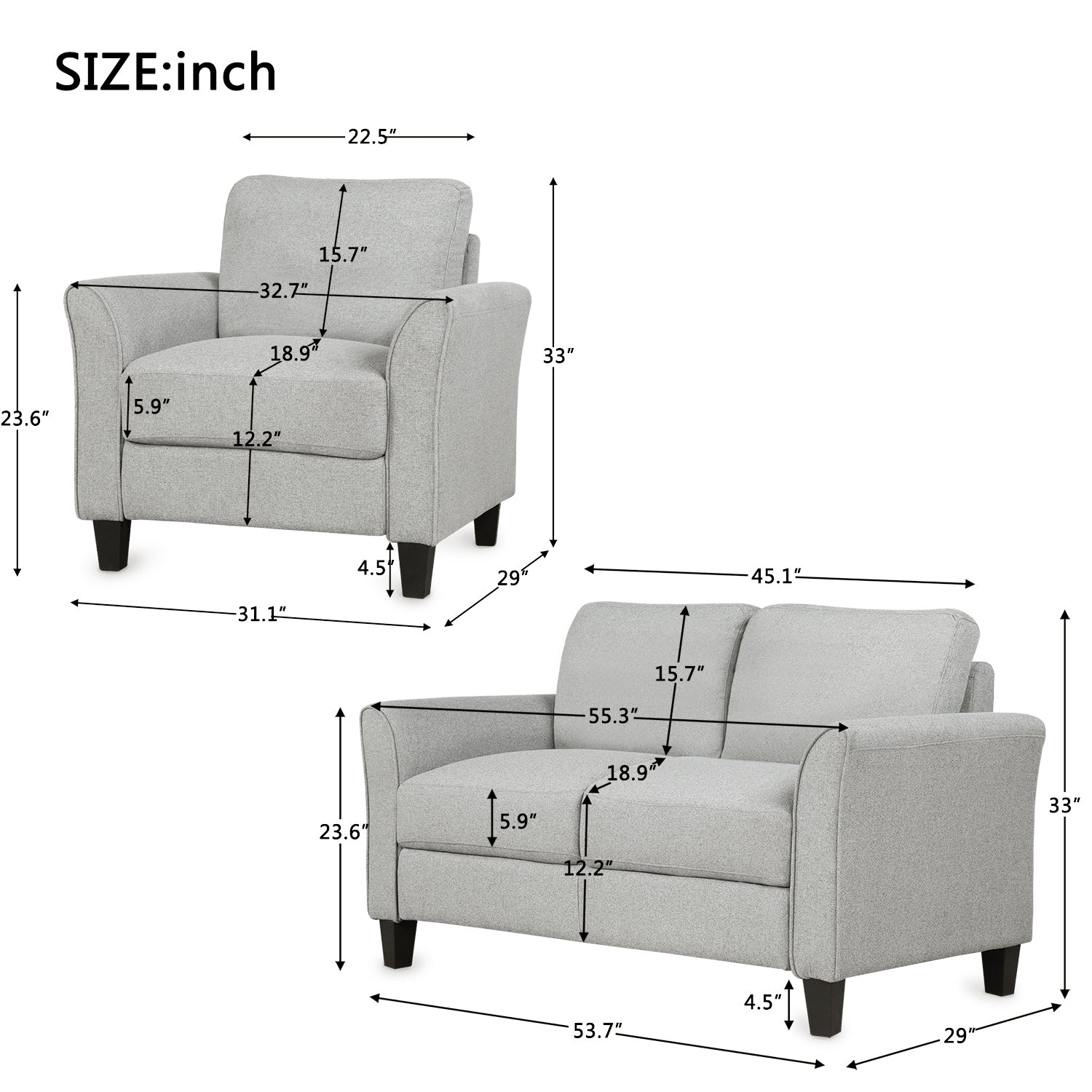 Living Room Furniture Armrest Single Sofa and Loveseat Sofa (Light Gray)