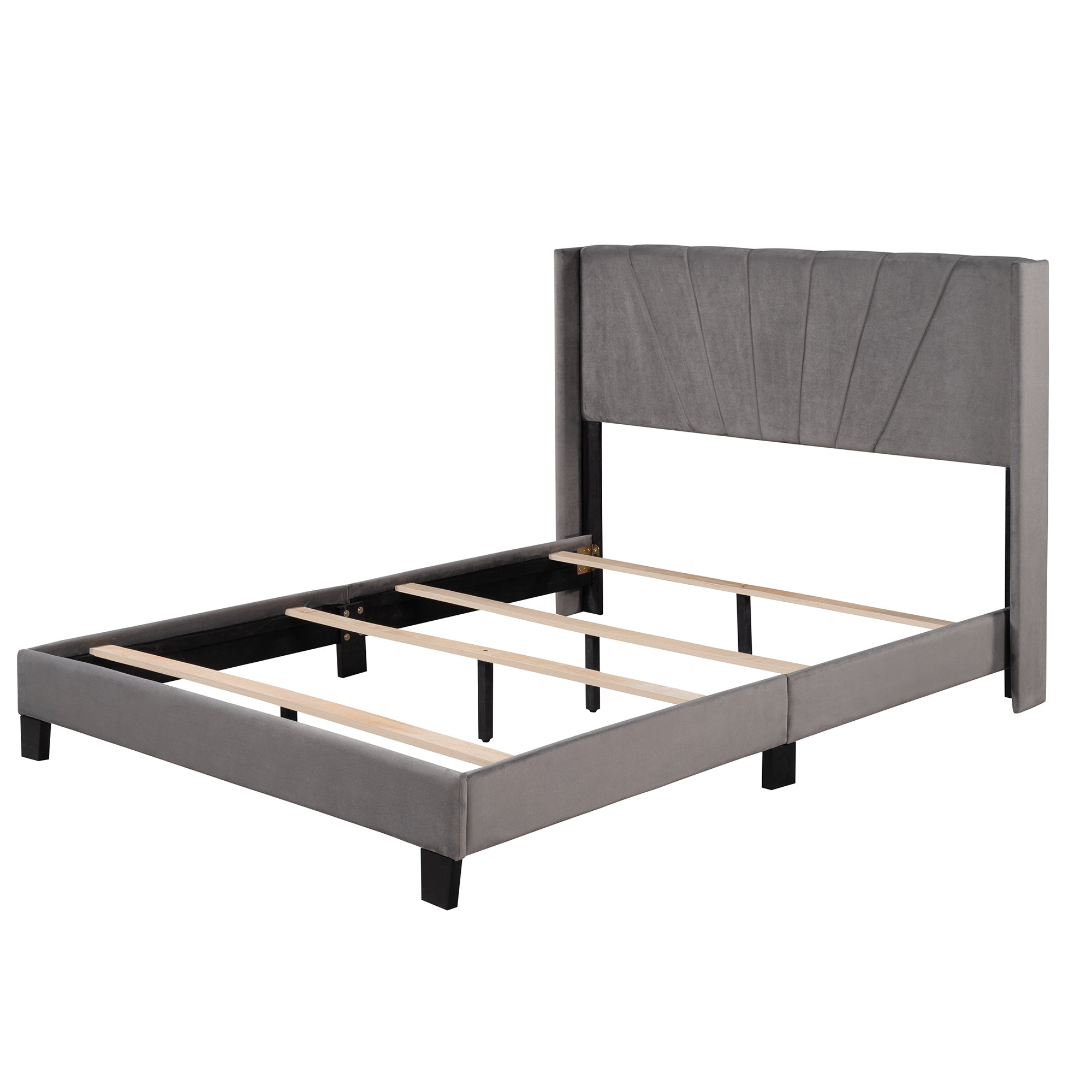 Queen Size Velvet Upholstered Platform Bed, Box Spring Needed - Gray - Atlantic Fine Furniture Melbourne FL