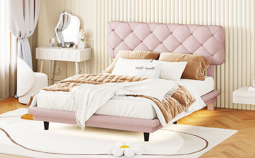 Full Size Upholstered Bed with Light Stripe, Floating Platform Bed, Linen Fabric,Pink - Atlantic Fine Furniture Melbourne FL