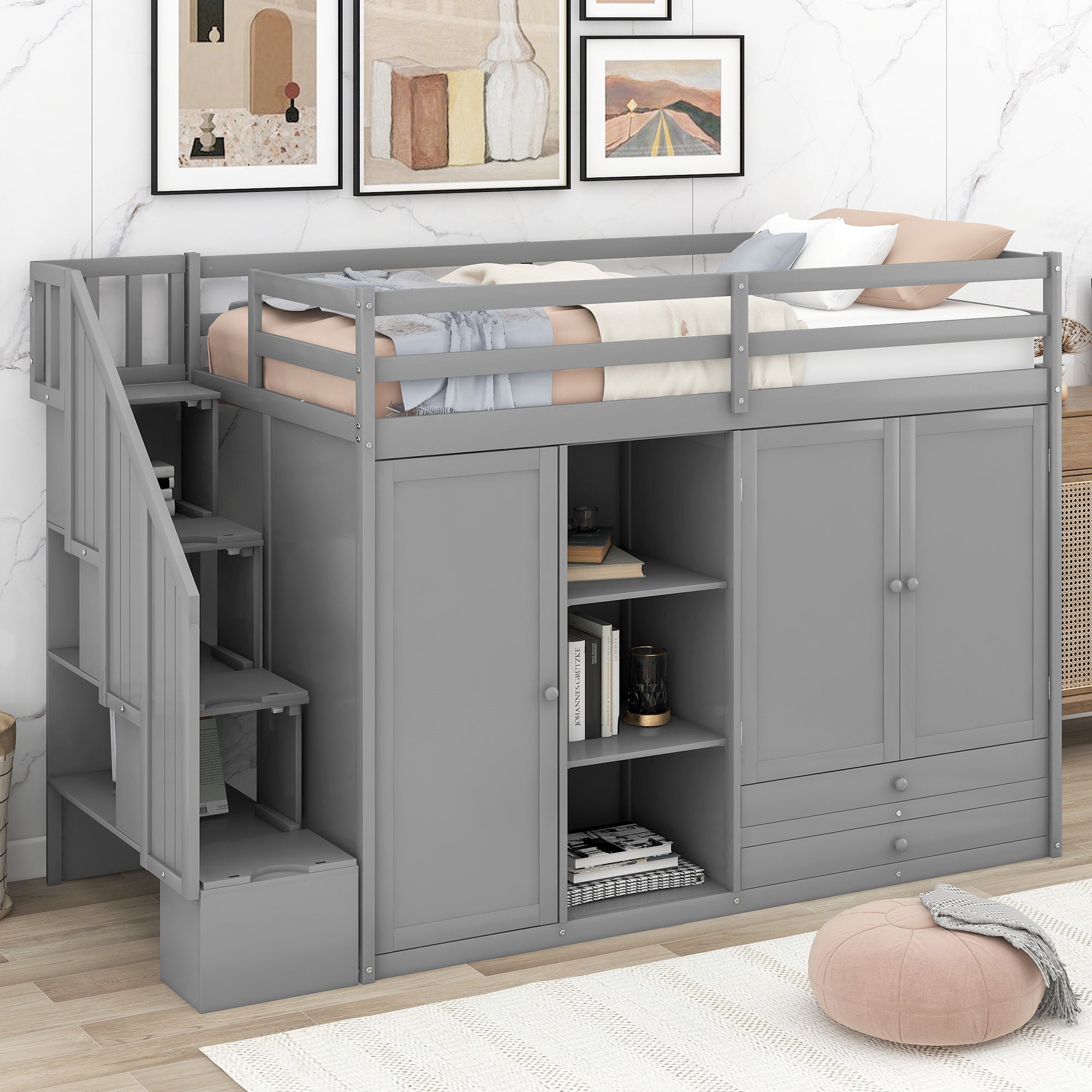 Functional Loft Bed with 3 Shelves, 2 Wardrobes and 2 Drawers, Ladder with Storage, No Box Spring Needed, Gray - Atlantic Fine Furniture Melbourne FL