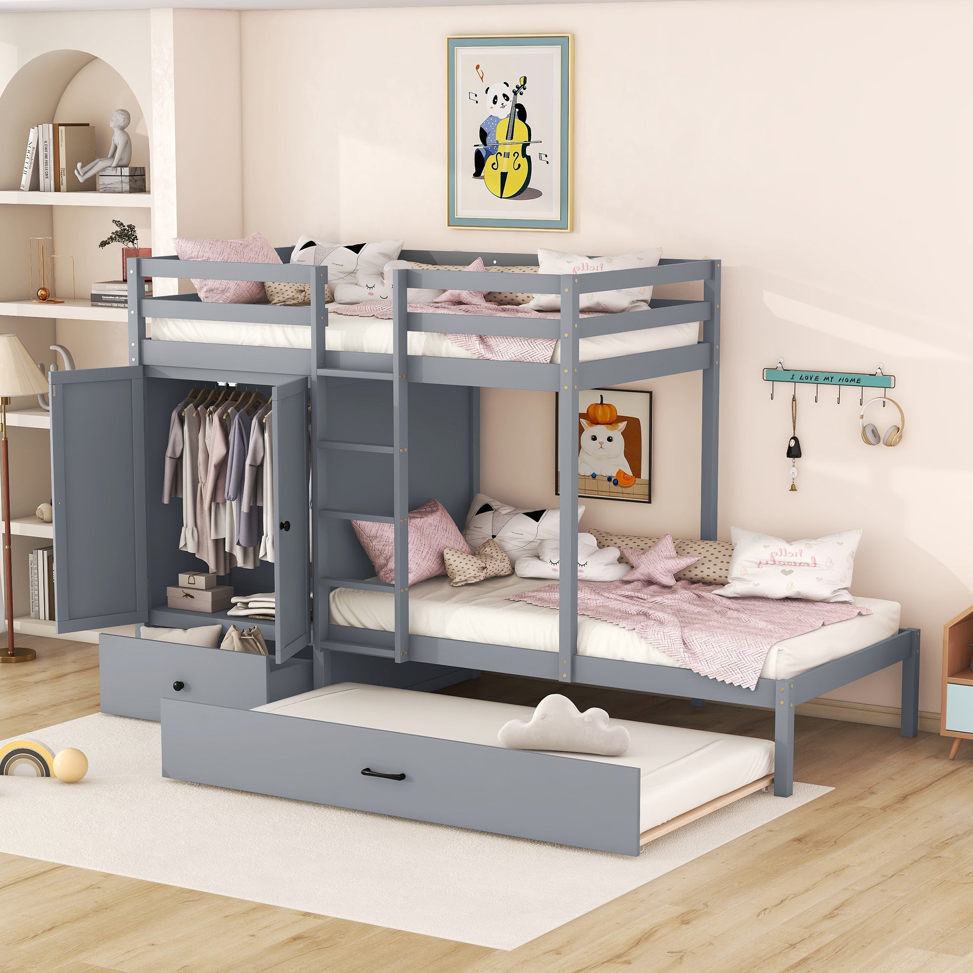 Twin-over-twin Bunk Bed with Wardrobe, Drawers and Shelves, Gray - Atlantic Fine Furniture Melbourne FL