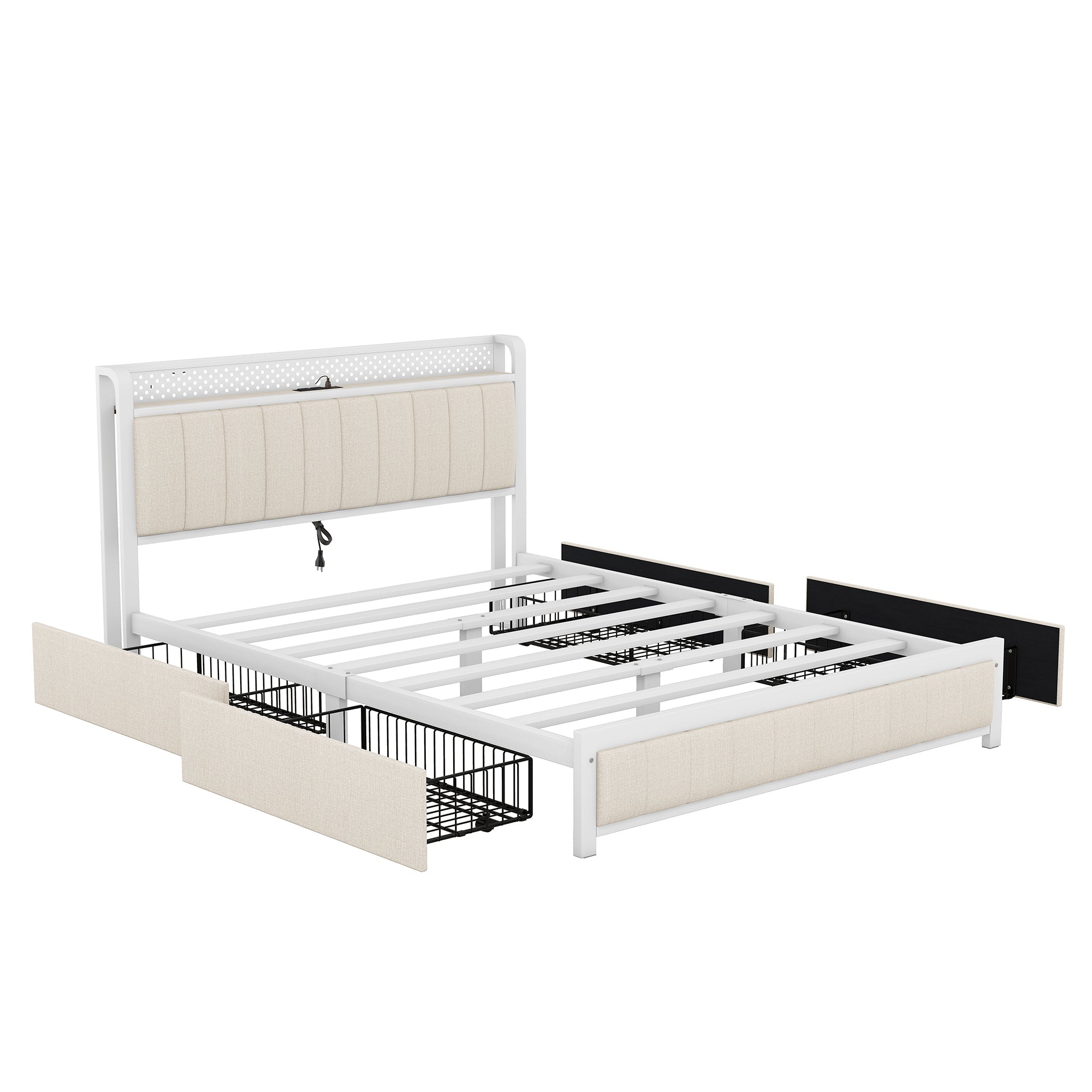 Queen Bed Frame with LED Headboard, Upholstered Bed with 4 Storage Drawers and USB Ports, Beige - Atlantic Fine Furniture Melbourne FL