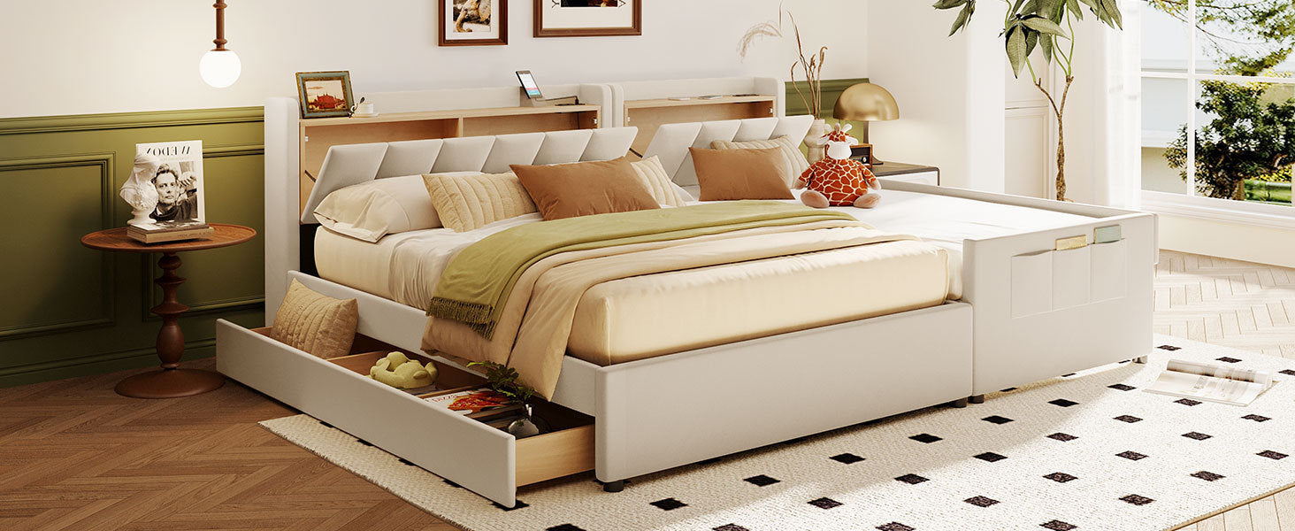 Queen Size & Twin XL Size Upholstered Platform Bed, Mother & Child Bed with Hydraulic Storage System, Drawer Box, Bedhead storage shelf and Two pairs of sockets & USB Ports, PU Leather, Beige