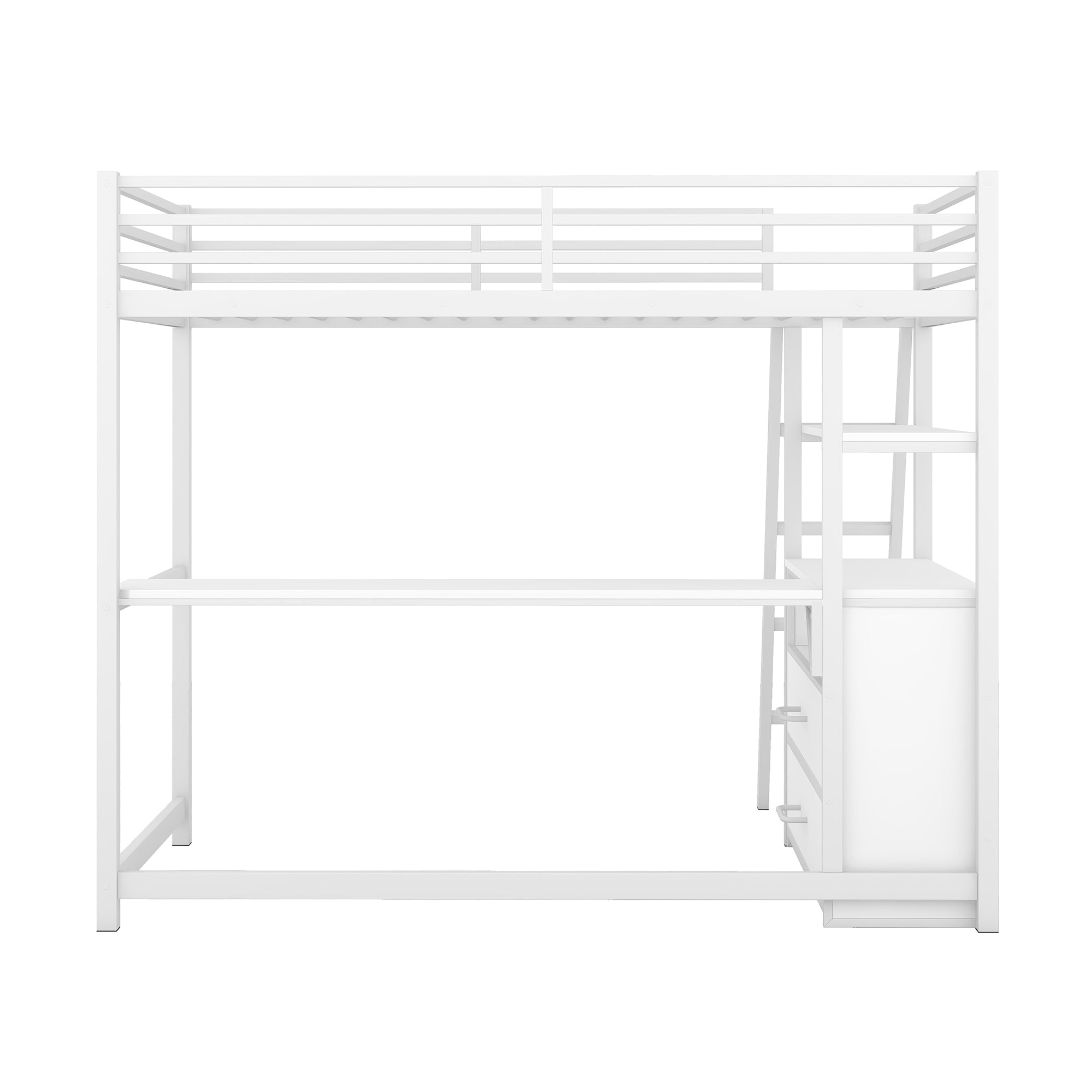 Twin Size Metal&Wood Loft Bed with Desk and Shelves, Two Built-in Drawers, White - Atlantic Fine Furniture Melbourne FL