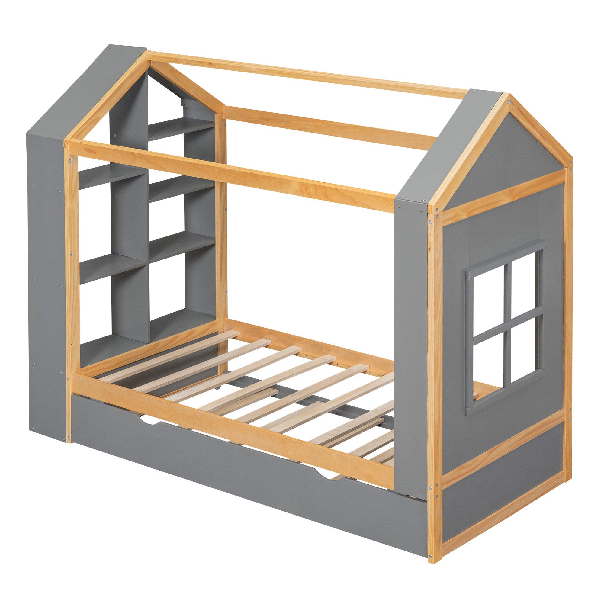 Twin Size House Platform Bed with Storage Shelves and Twin Size Trundle, Grey - Atlantic Fine Furniture Melbourne FL