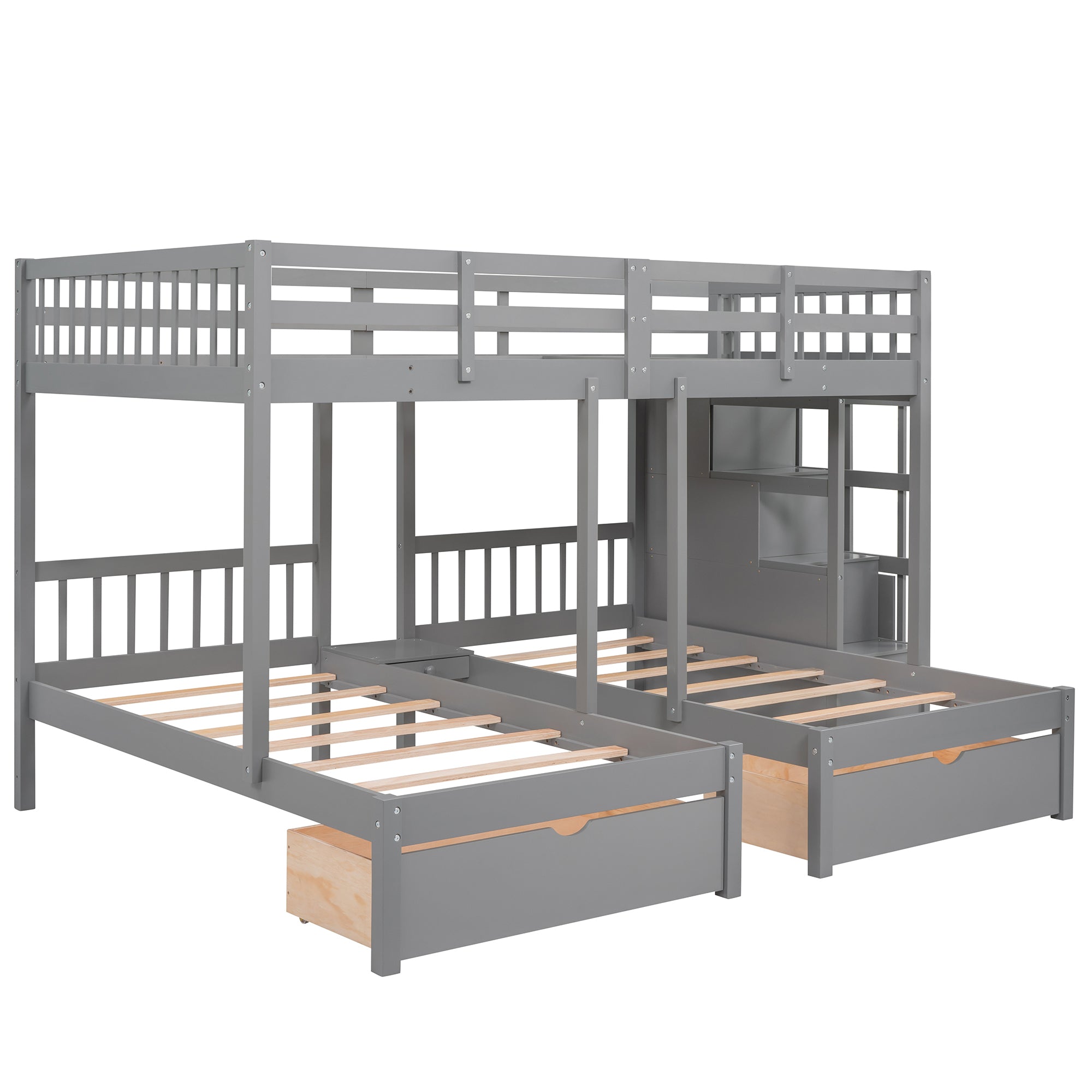Full Over Twin & Twin Bunk Bed, Wood Triple Bunk Bed with Drawers and Guardrails (Gray) - Atlantic Fine Furniture Melbourne FL