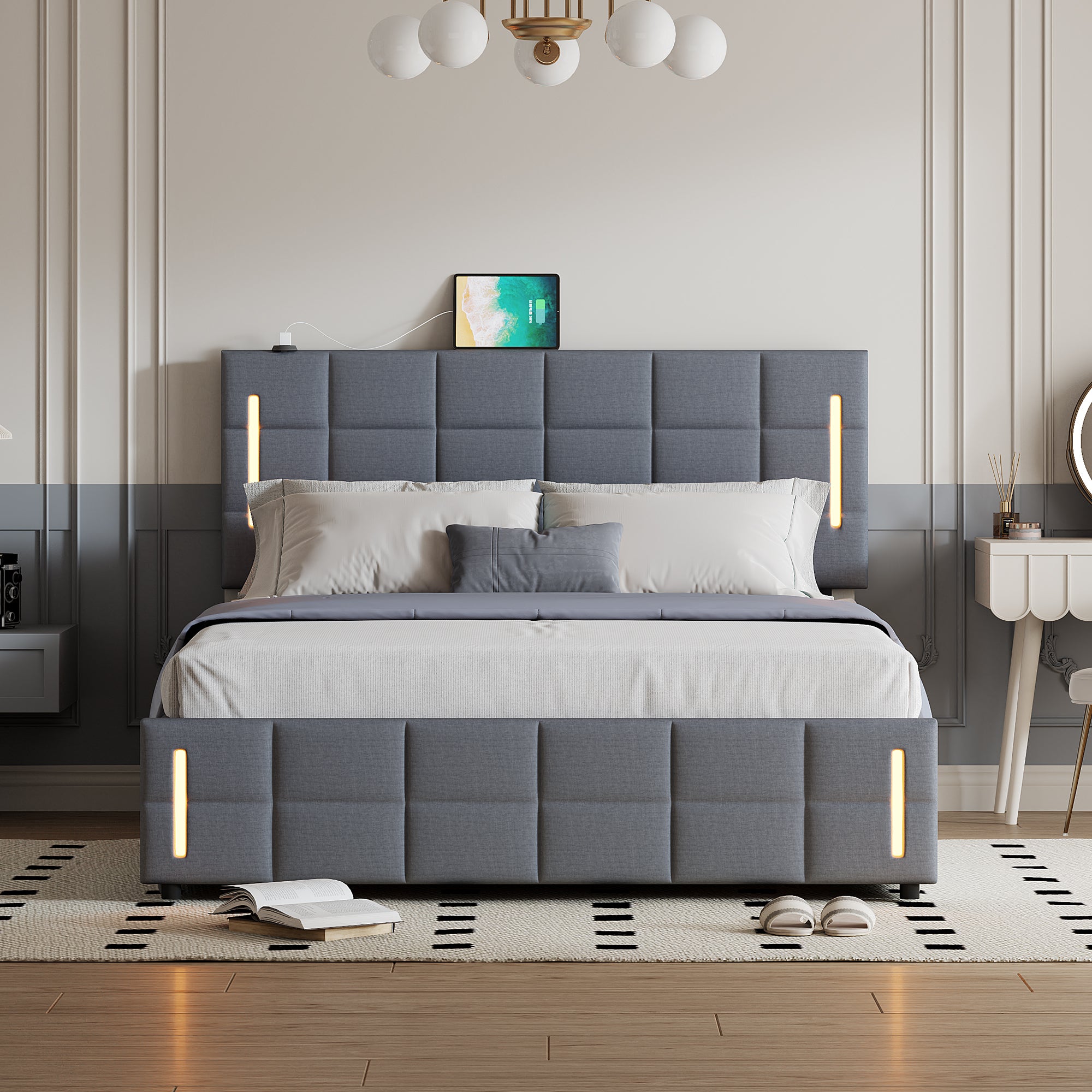 Queen Size Upholstered Bed with Hydraulic Storage System and LED Light, Gray - Atlantic Fine Furniture Melbourne FL