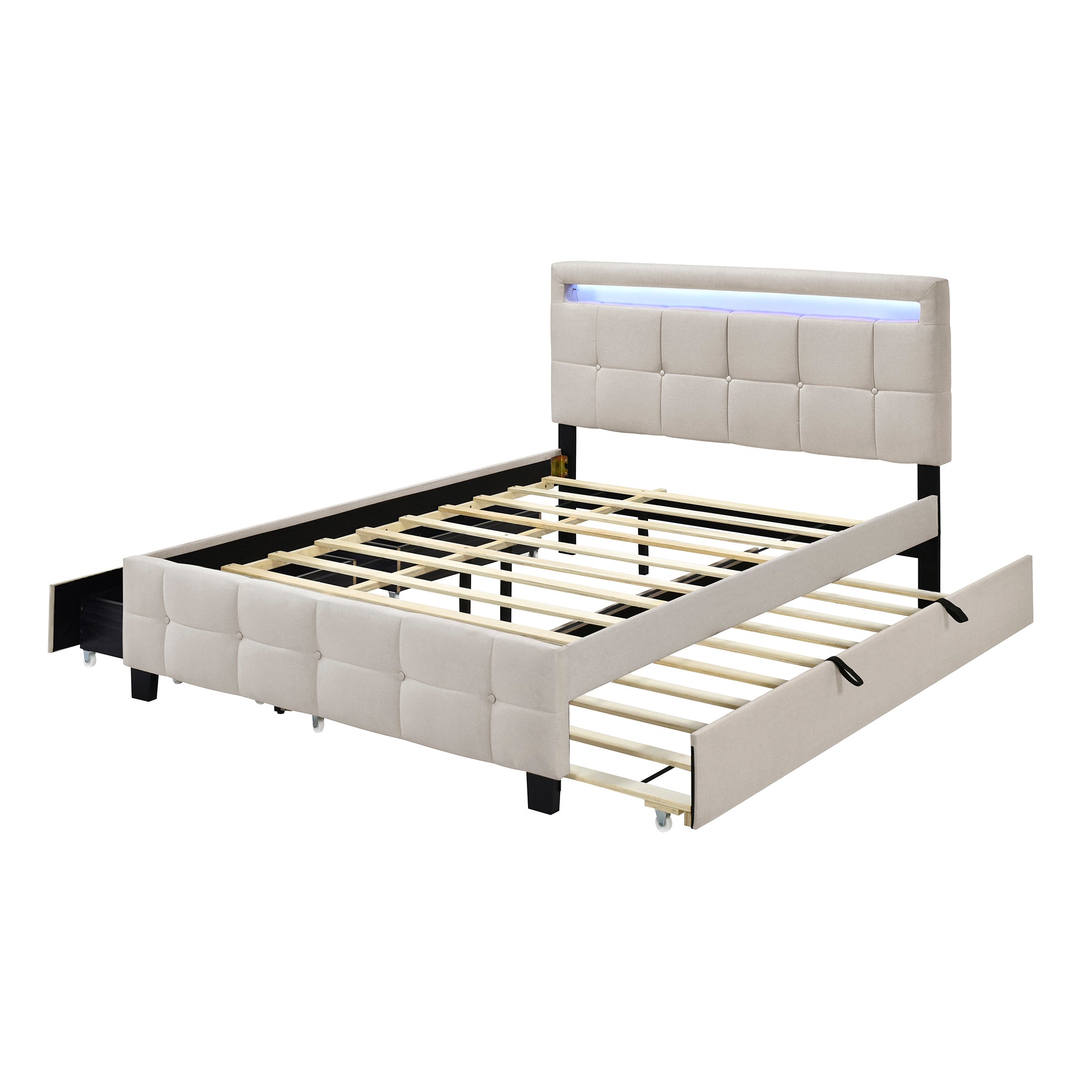 Queen Size Upholstered Platform Bed with LED Frame, with Twin XL Size Trundle and 2 drawers, Linen Fabric, Beige - Atlantic Fine Furniture Melbourne FL