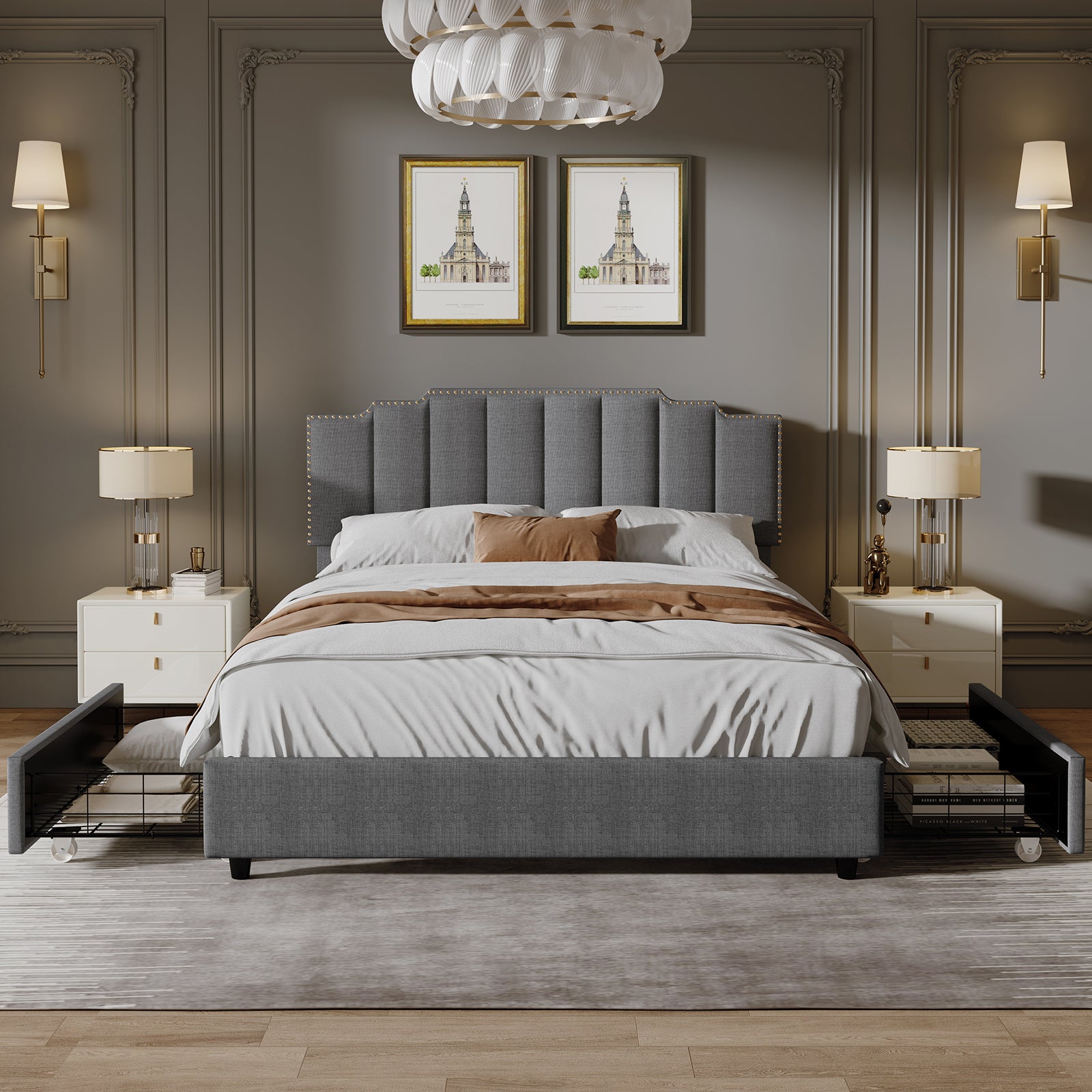 Queen Size Upholstered Platform Bed Linen Bed Frame with 2 Drawers Stitched Padded Headboard with Rivets Design Strong Bed Slats System No Box Spring Needed Grey - Atlantic Fine Furniture Melbourne FL
