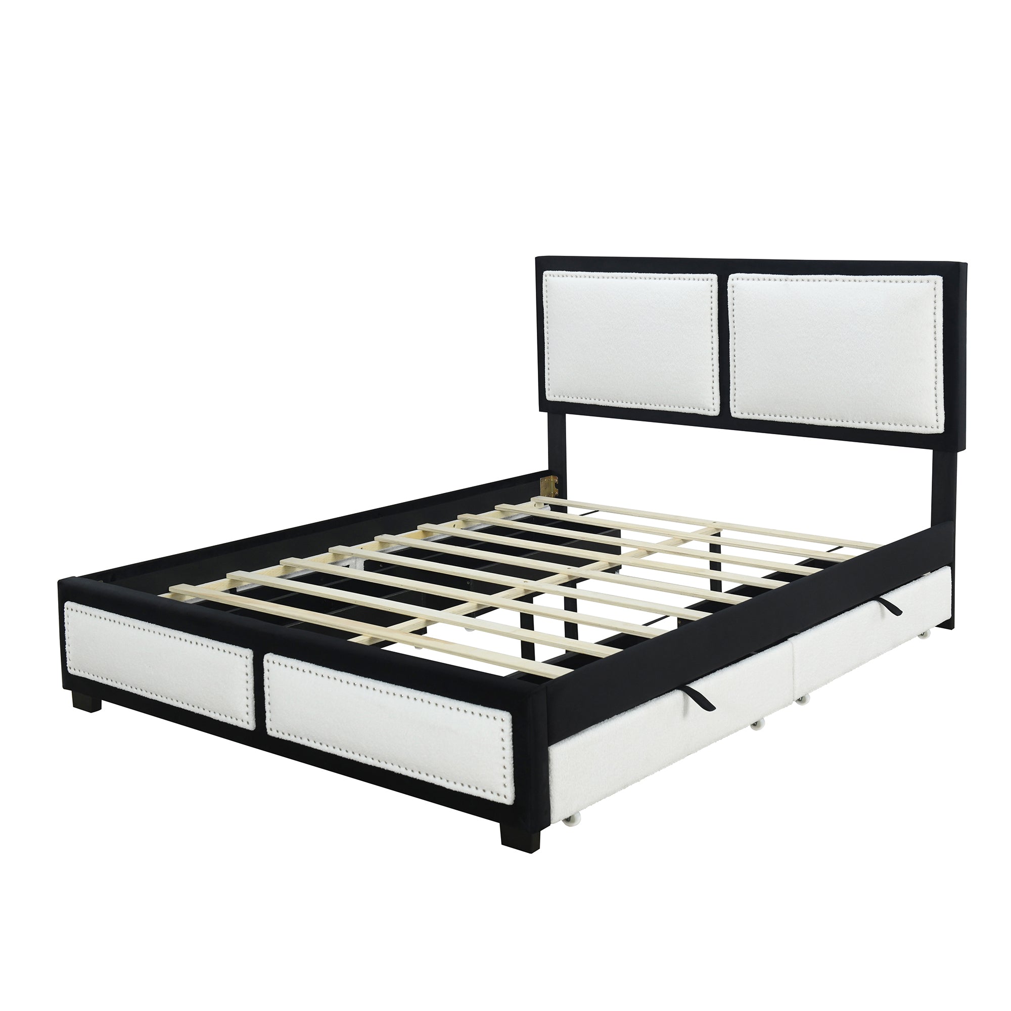Queen Size Upholstered Platform Bed with Large Rivet-decorated Backrests and 4 Drawers, Velvet matched with Teddy Fleece, Black+White