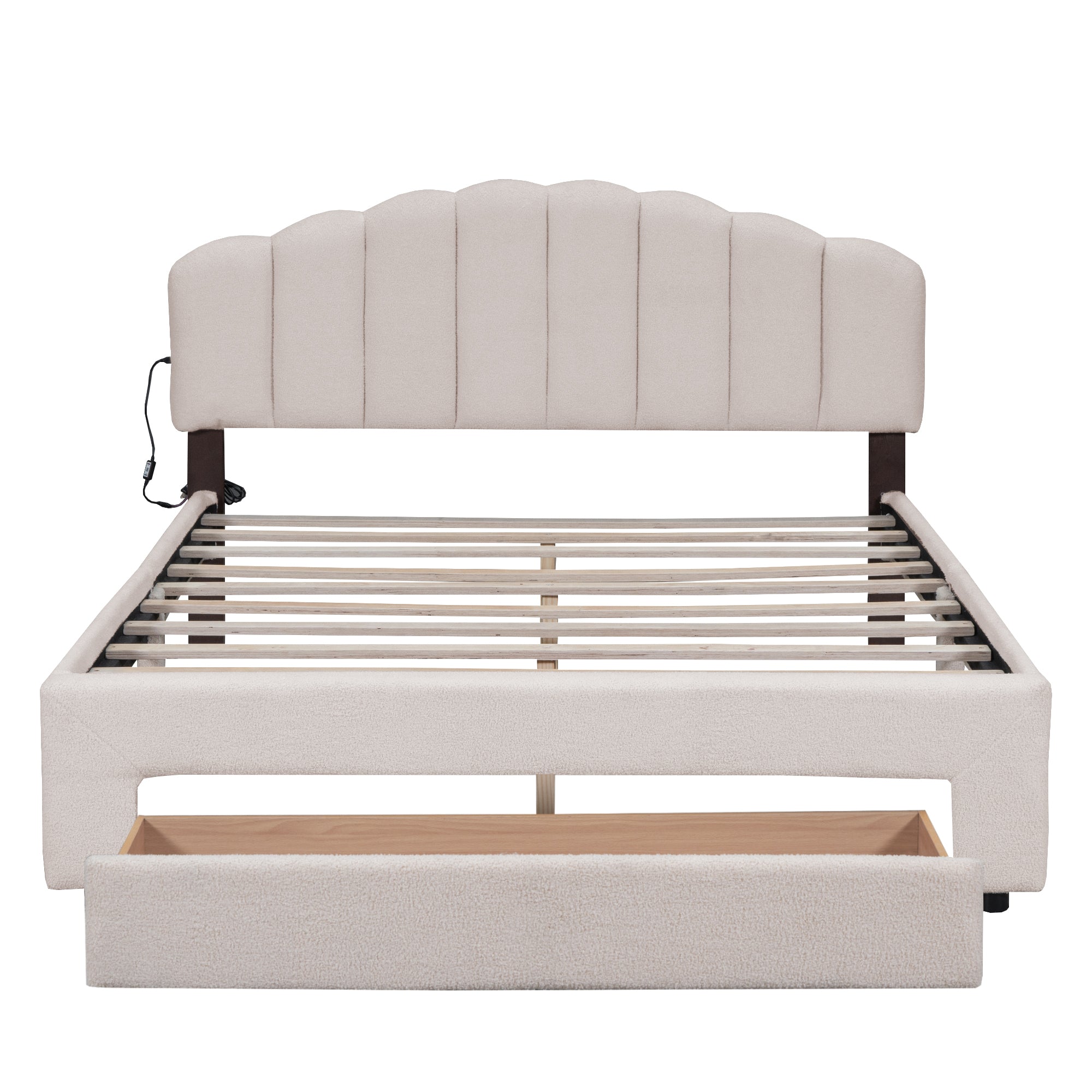 Teddy Fleece Queen Size Upholstered Platform Bed with Drawer, Beige - Atlantic Fine Furniture Melbourne FL