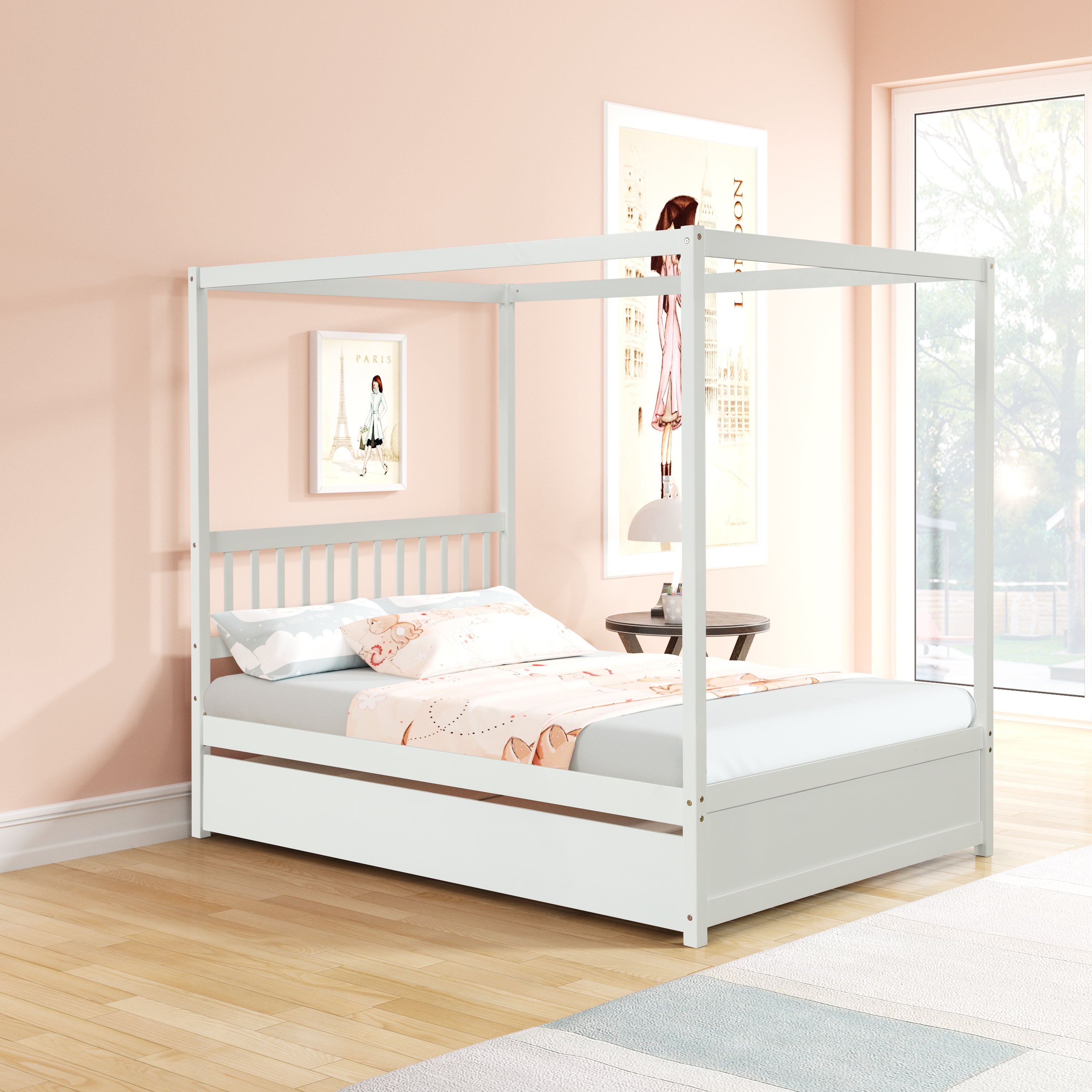Full Size Canopy Bed with Twin Trundle, Kids Solid Wood Platform Bed Frame w/ Headboard, No Box Spring Needed White Color