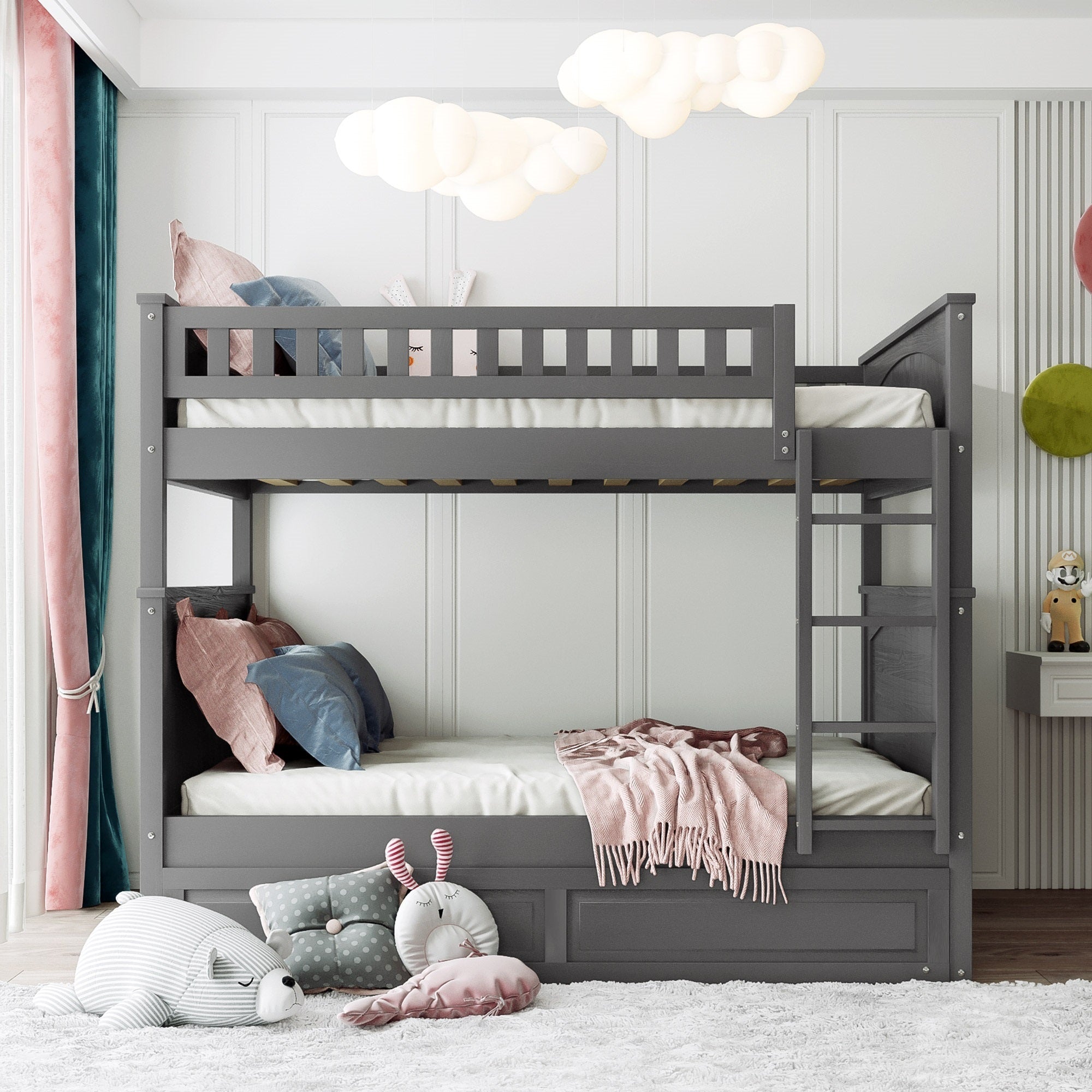 Full Over Full Bunk Bed with Twin Size Trundle, Pine Wood Bunk Bed with Guardrails, Brushed Gray(Old SKU:LP000044AAN)