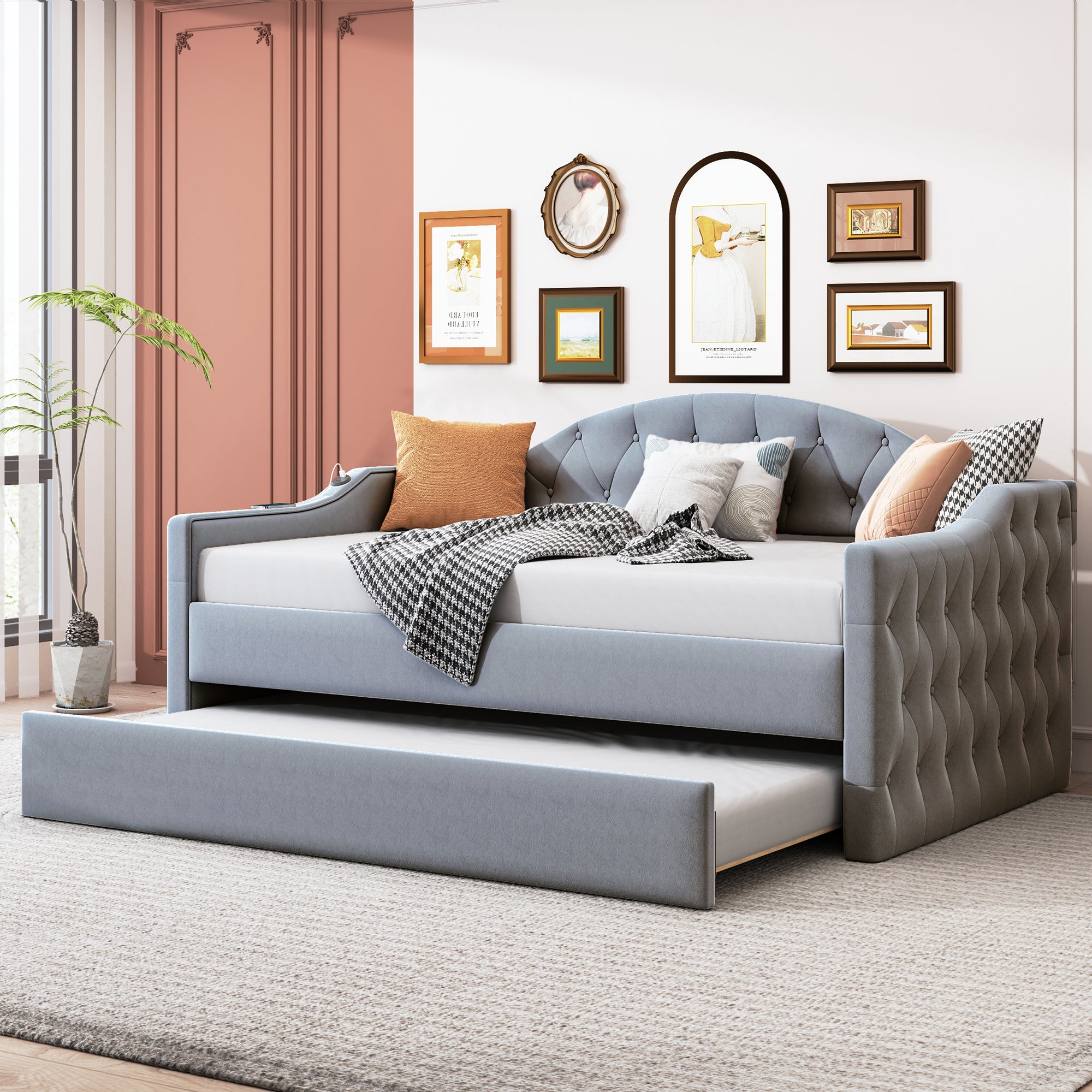 Twin Size Tufted Upholstered Daybed with Trundle ,Velvet Sofabed with USB&Type-C Charging Ports,No Box-spring Needed, Gray - Atlantic Fine Furniture Melbourne FL
