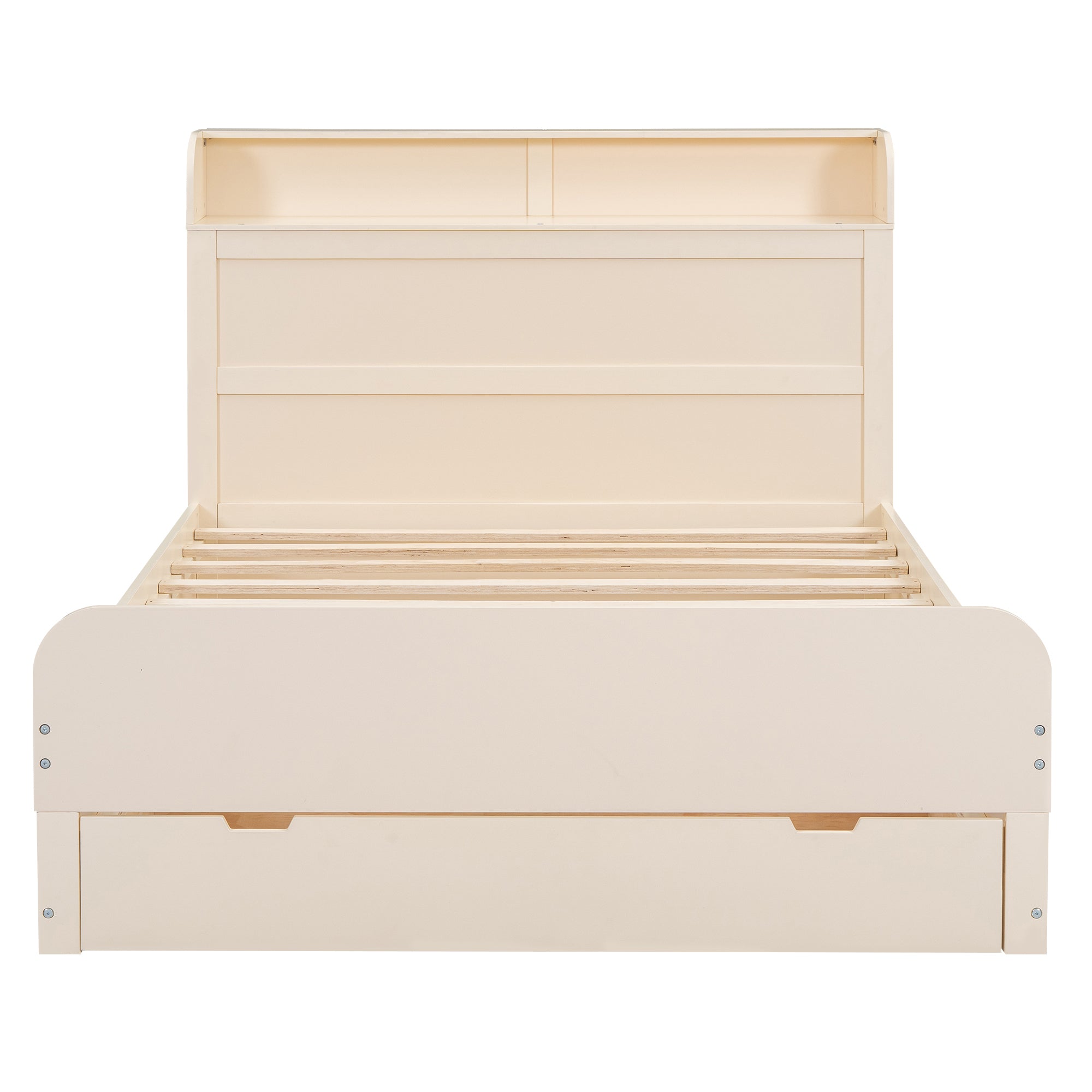 Full Size Platform Bed with Storage Headboard and a Big Drawer, Cream