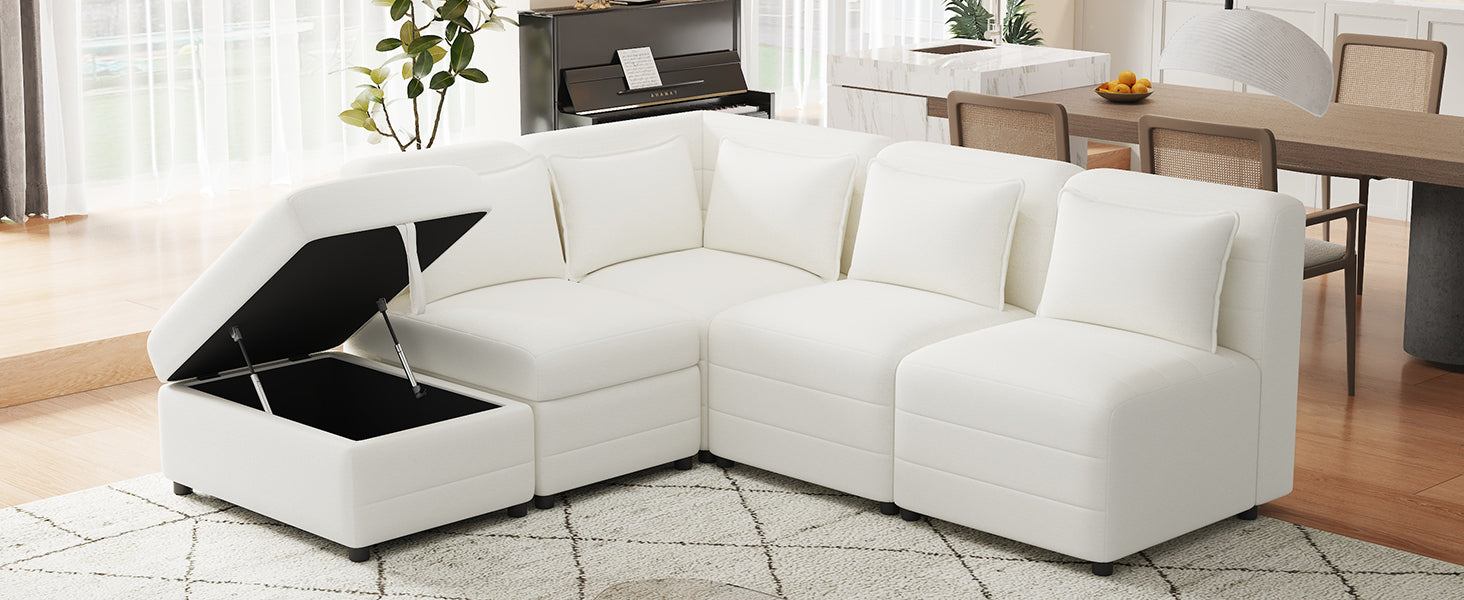 Free-Combined Sectional Sofa 5-seater Modular Couches with Storage Ottoman, 5 Pillows for Living Room, Bedroom, Office, Cream